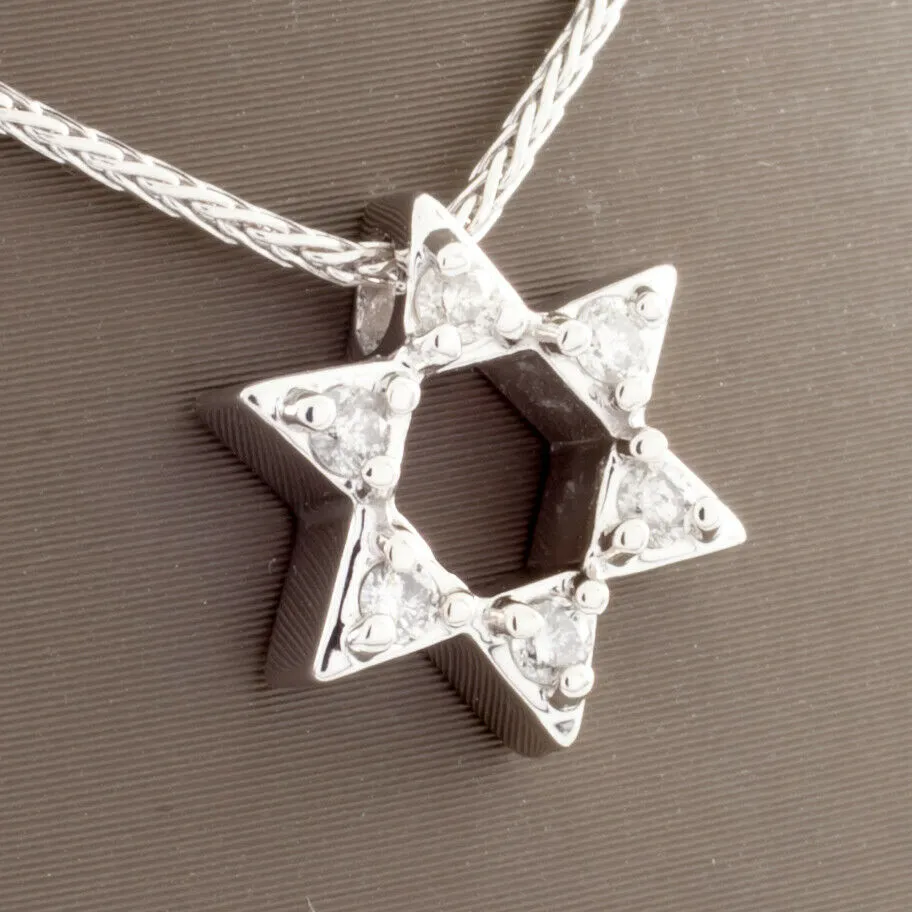 10k White Gold Star of David Pendant TDW = 0.15 ct w/ 14k Gold 16" Chain