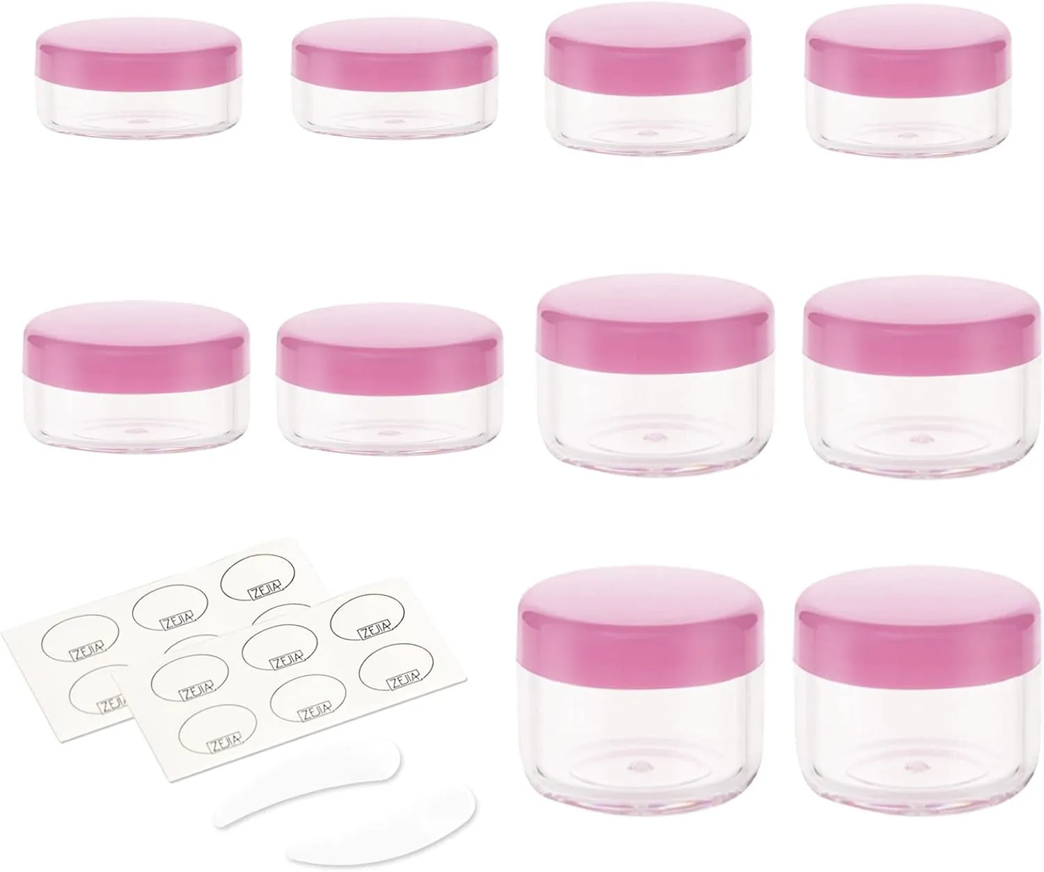 10Pcs Small Travel Containers, Black Sample Containers with Screw Lids, 5 Size 3/5/10/15/20 Gram Sample Jars with 12Pcs Labels and 2Pcs Mini Disposable Spatula, Makeup Sample Containers BPA Free