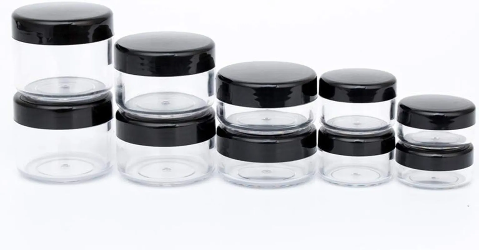 10Pcs Small Travel Containers, Black Sample Containers with Screw Lids, 5 Size 3/5/10/15/20 Gram Sample Jars with 12Pcs Labels and 2Pcs Mini Disposable Spatula, Makeup Sample Containers BPA Free