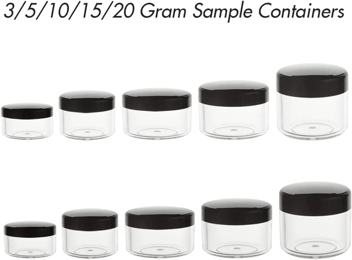 10Pcs Small Travel Containers, Black Sample Containers with Screw Lids, 5 Size 3/5/10/15/20 Gram Sample Jars with 12Pcs Labels and 2Pcs Mini Disposable Spatula, Makeup Sample Containers BPA Free