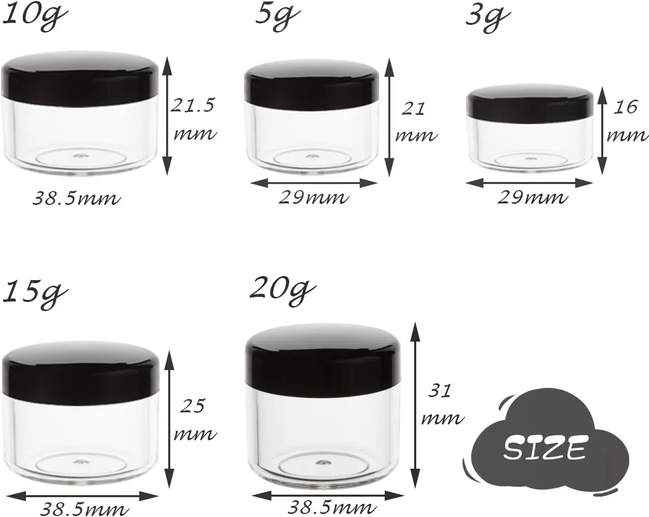 10Pcs Small Travel Containers, Black Sample Containers with Screw Lids, 5 Size 3/5/10/15/20 Gram Sample Jars with 12Pcs Labels and 2Pcs Mini Disposable Spatula, Makeup Sample Containers BPA Free