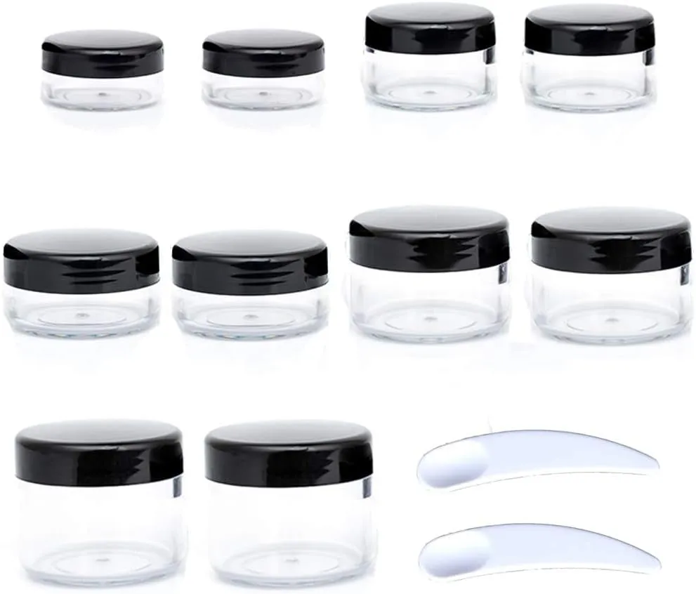 10Pcs Small Travel Containers, Black Sample Containers with Screw Lids, 5 Size 3/5/10/15/20 Gram Sample Jars with 12Pcs Labels and 2Pcs Mini Disposable Spatula, Makeup Sample Containers BPA Free