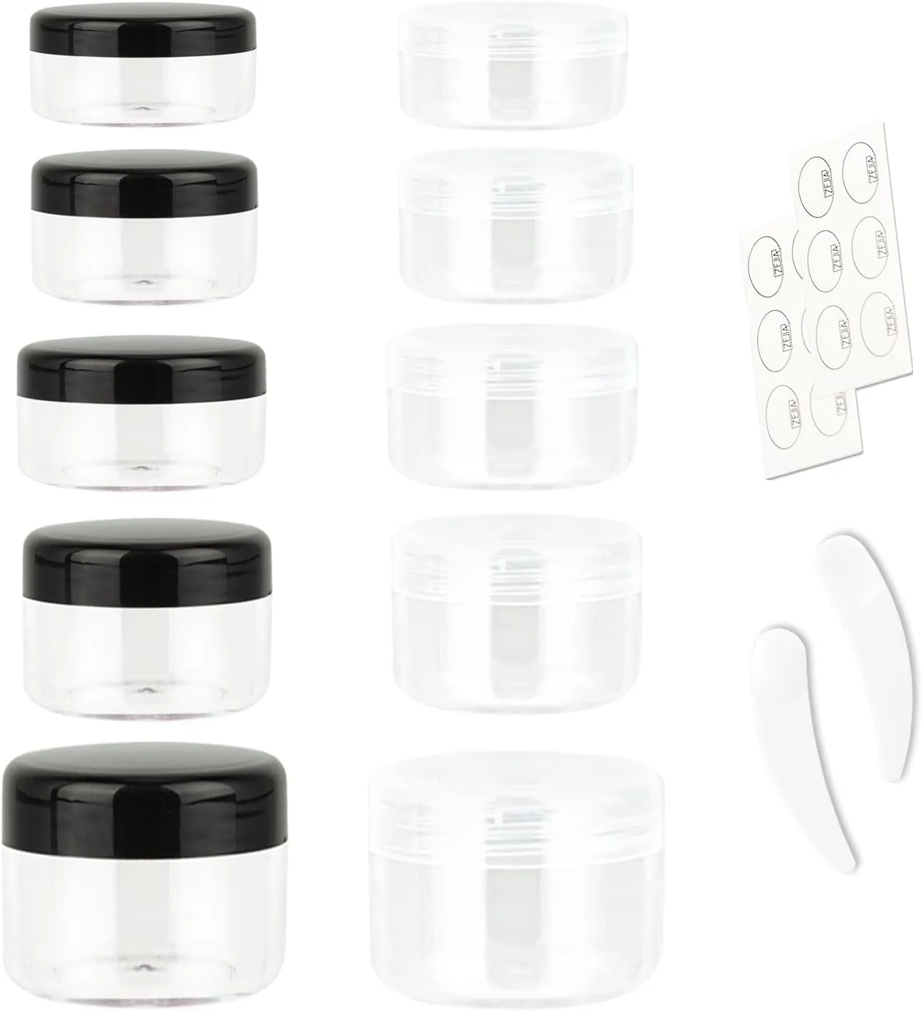 10Pcs Small Travel Containers, Black Sample Containers with Screw Lids, 5 Size 3/5/10/15/20 Gram Sample Jars with 12Pcs Labels and 2Pcs Mini Disposable Spatula, Makeup Sample Containers BPA Free