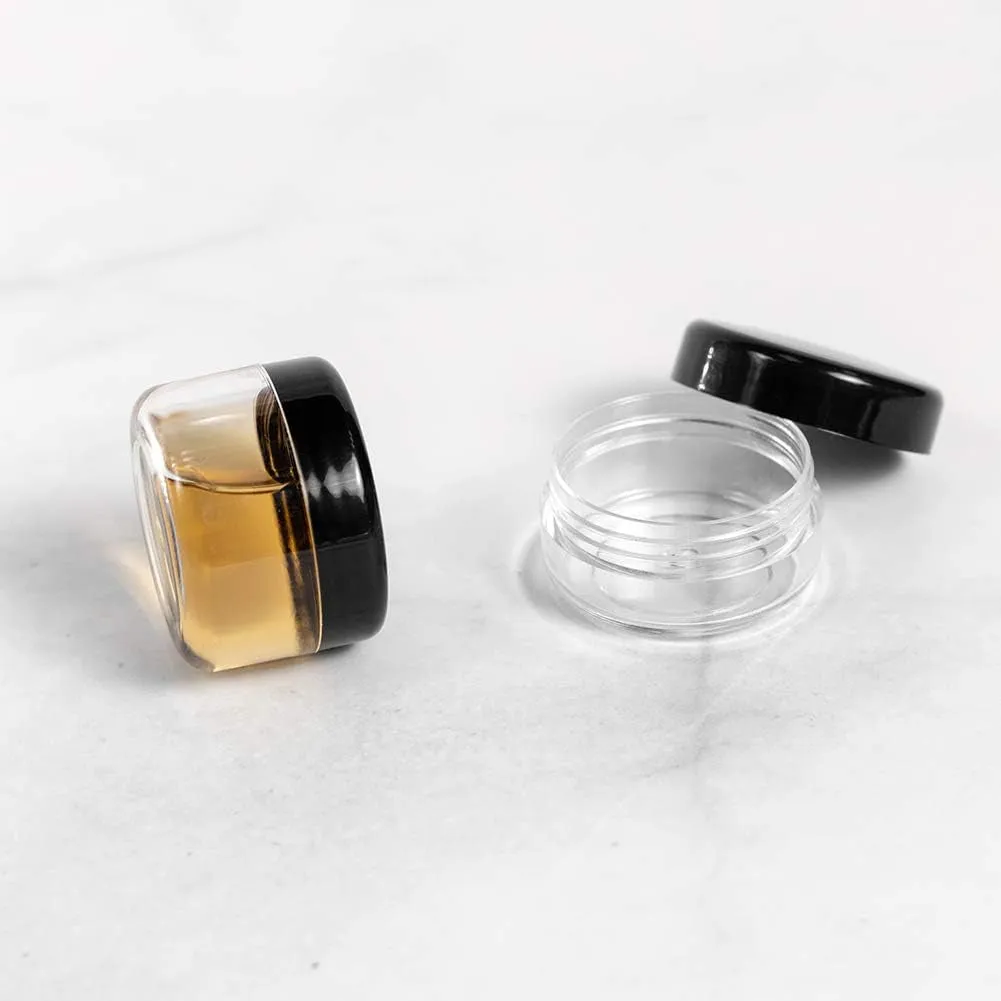10Pcs Small Travel Containers, Black Sample Containers with Screw Lids, 5 Size 3/5/10/15/20 Gram Sample Jars with 12Pcs Labels and 2Pcs Mini Disposable Spatula, Makeup Sample Containers BPA Free