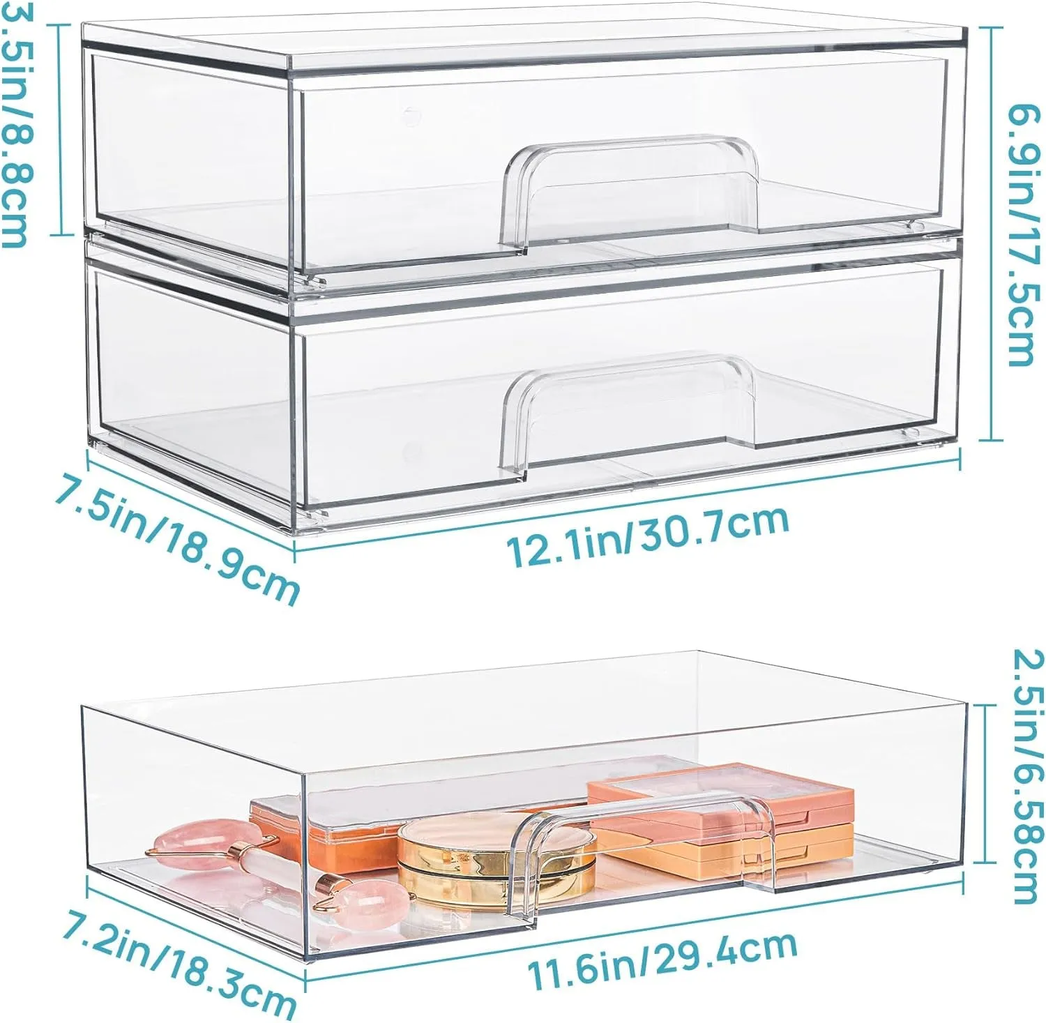 12.1''W Clear Stackable Storage Drawers,2 Pack Acrylic Plastic Organizers Bins for Makeup Palettes, Cosmetics, and Beauty Supplies,Ideal for Vanity, Bathroom,Cabinet,Desk Organization
