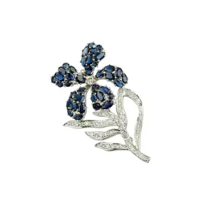 14k White Gold Sapphire and Diamond Flower Brooch TCW = 9.81 cts