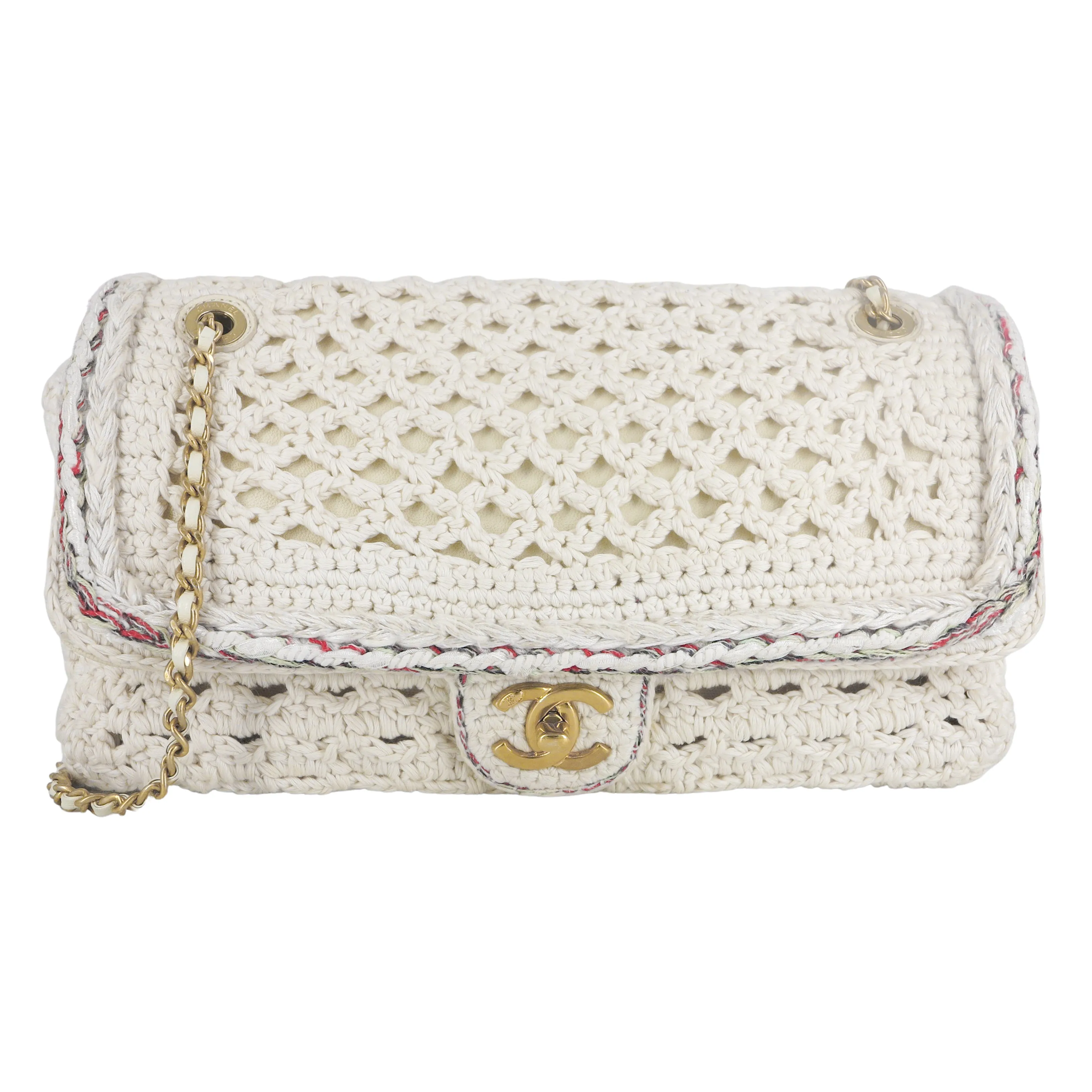 17C White Crochet Braided Cayo Coco Medium Flap Bag