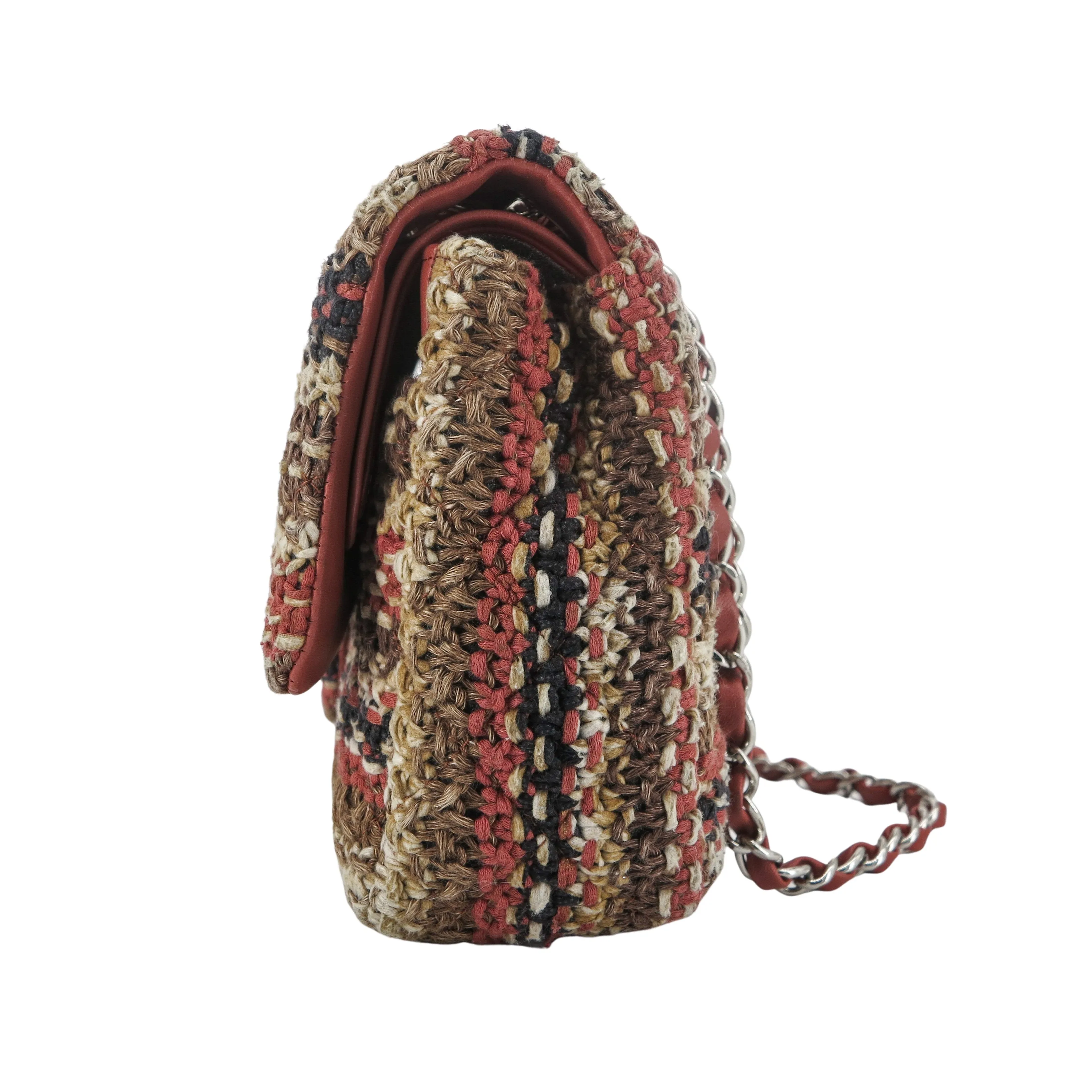 18C Brown Knit Tweed Medium Classic Double Flap Bag