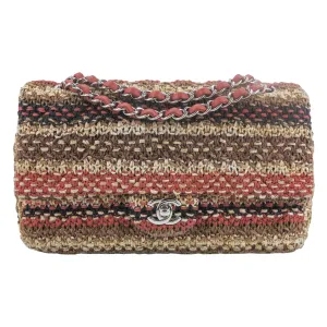 18C Brown Knit Tweed Medium Classic Double Flap Bag