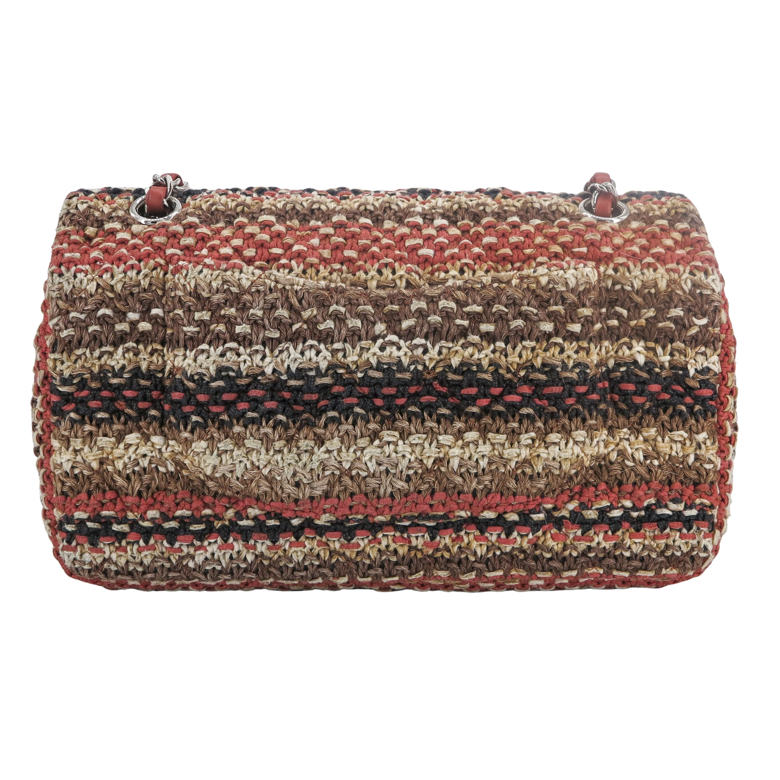 18C Brown Knit Tweed Medium Classic Double Flap Bag