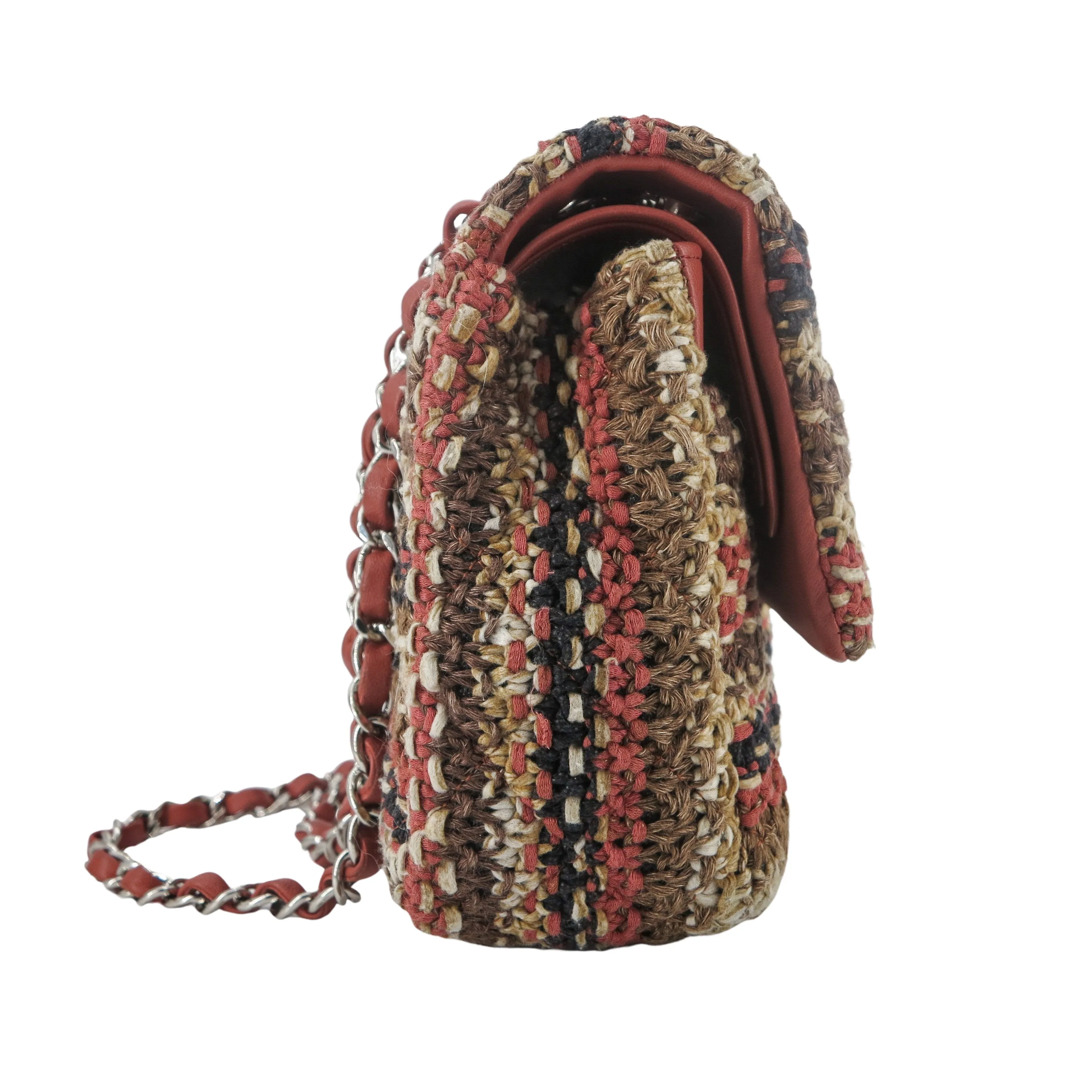 18C Brown Knit Tweed Medium Classic Double Flap Bag