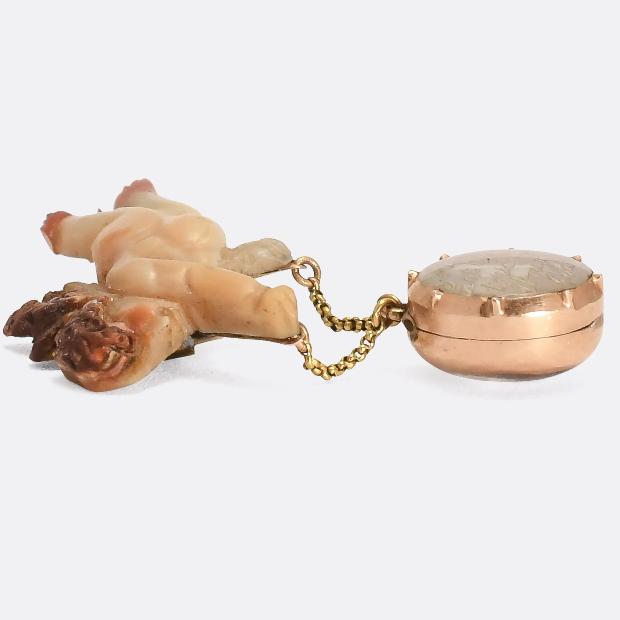 18th Century Miniature hard stone Cherub Brooch, "Grieve Not But Trust In Almighty God"