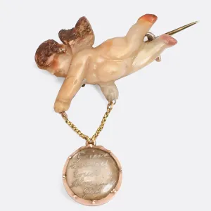 18th Century Miniature hard stone Cherub Brooch, "Grieve Not But Trust In Almighty God"