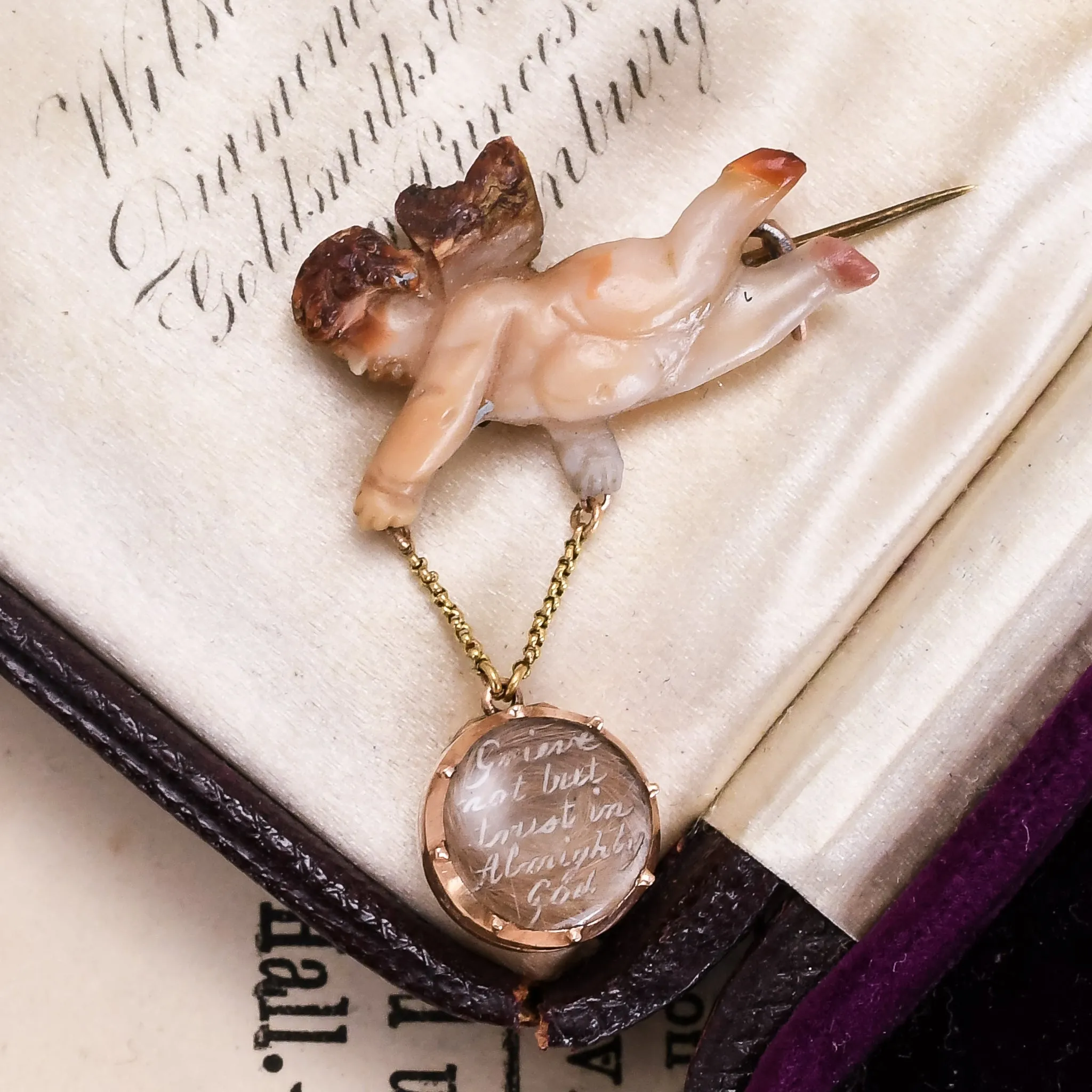 18th Century Miniature hard stone Cherub Brooch, "Grieve Not But Trust In Almighty God"