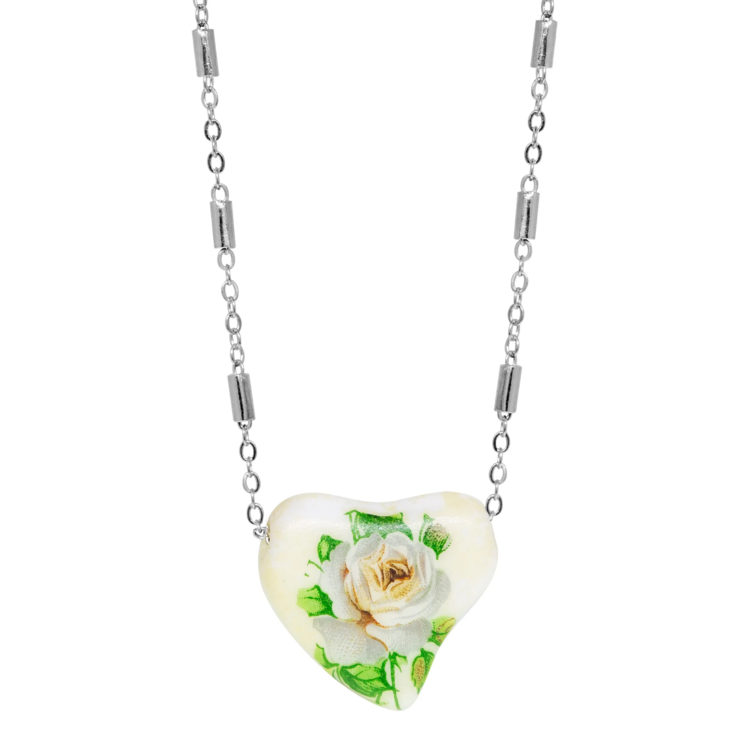 1928 Jewelry 85' Porcelain Heart & Rose Pendant Necklace 15"   3" Extension