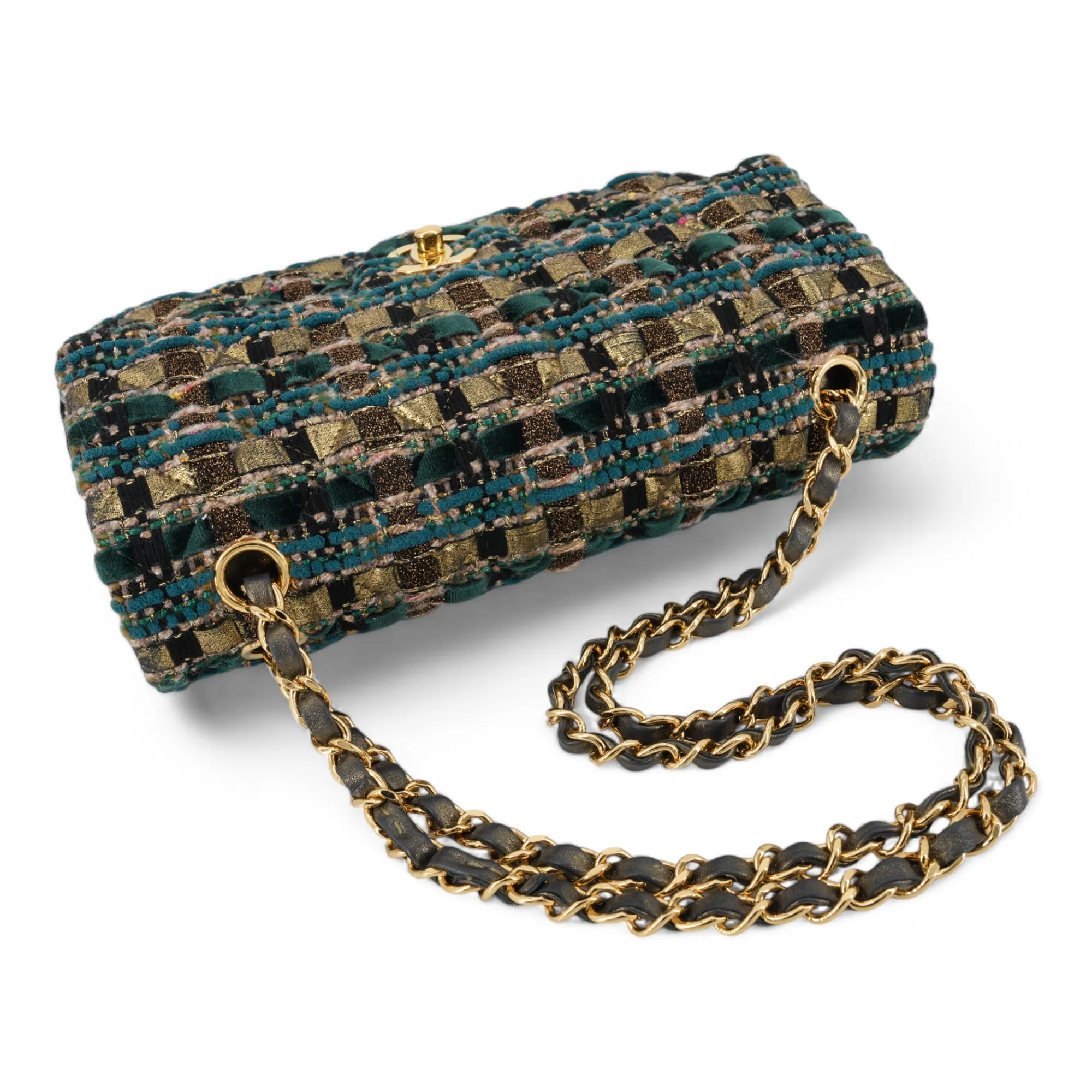 19A Ancient Egypt Gold Green Tweed Medium Classic Double Flap Bag