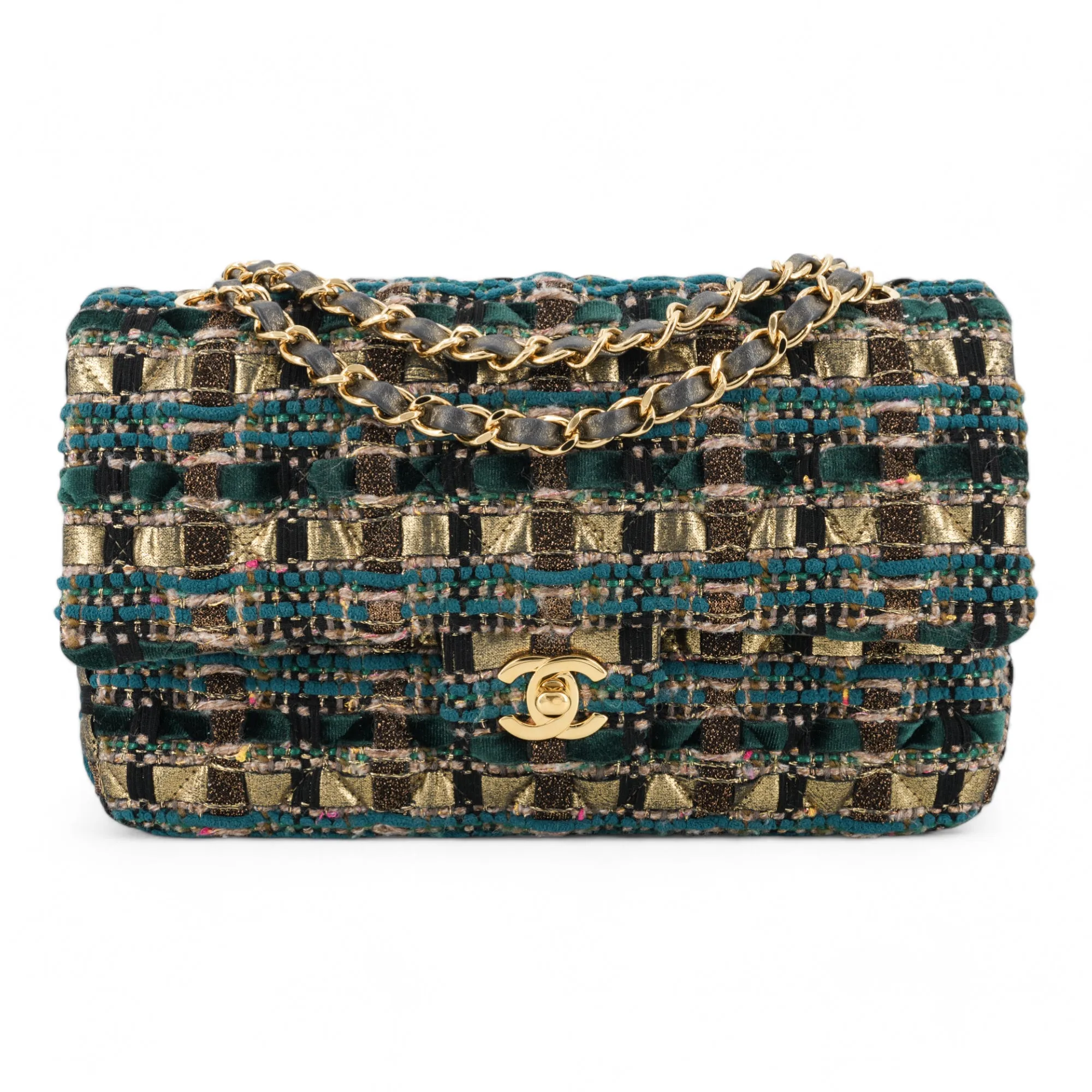 19A Ancient Egypt Gold Green Tweed Medium Classic Double Flap Bag