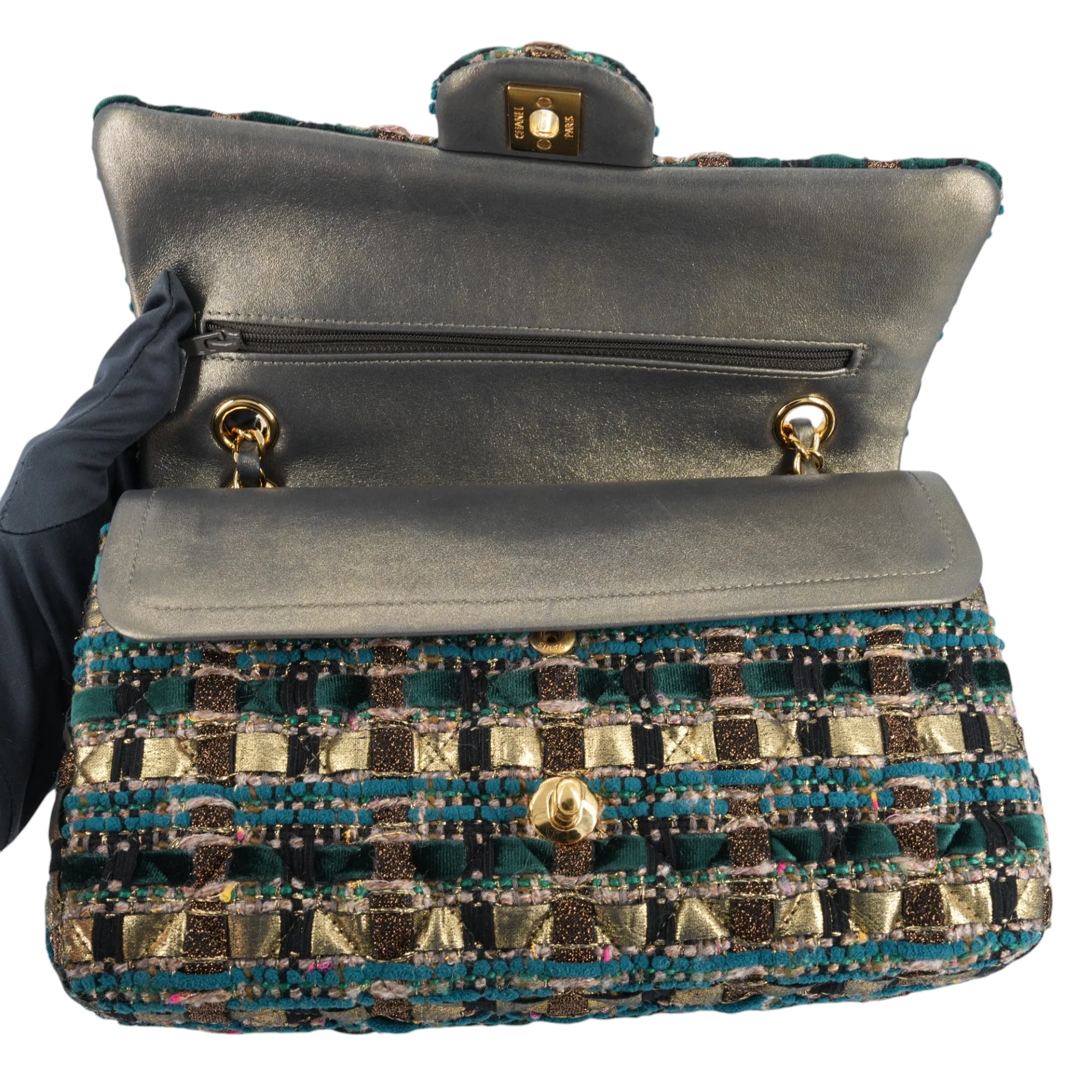 19A Ancient Egypt Gold Green Tweed Medium Classic Double Flap Bag