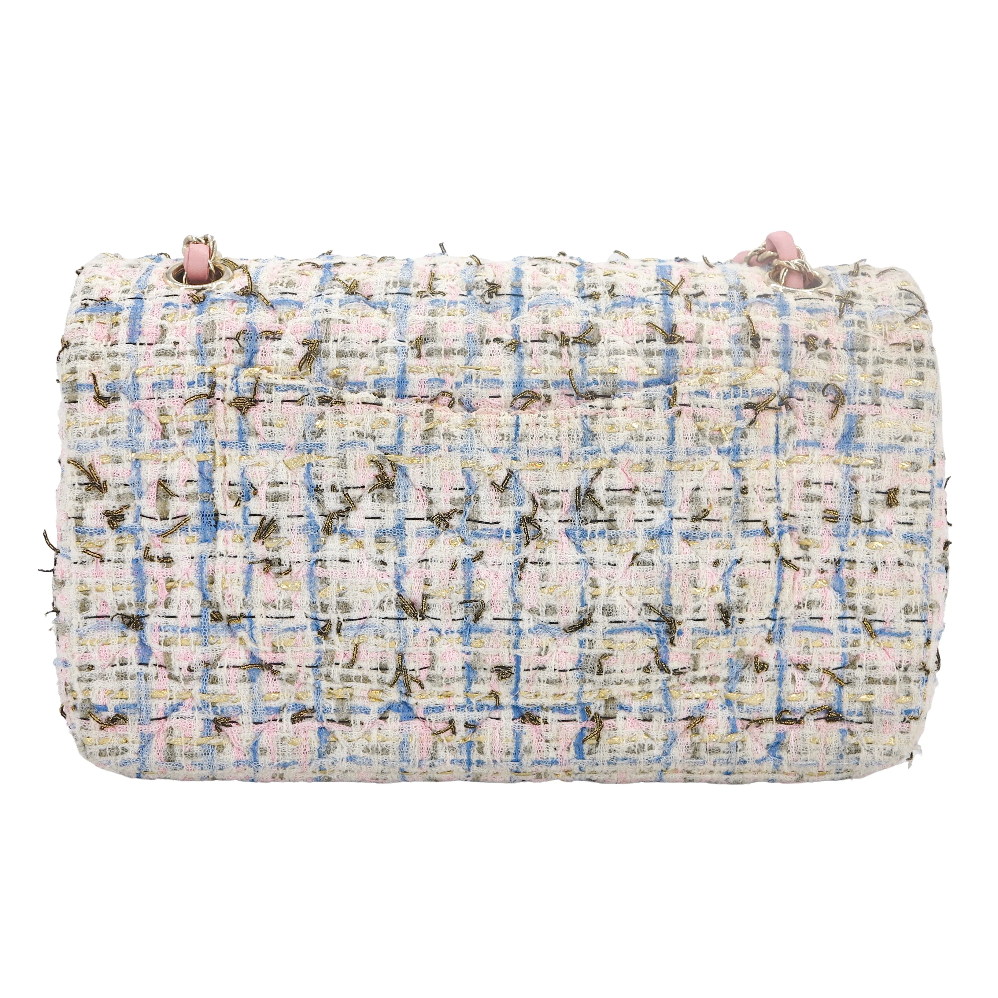 19C Pink Blue Tweed Medium Classic Double Flap Bag