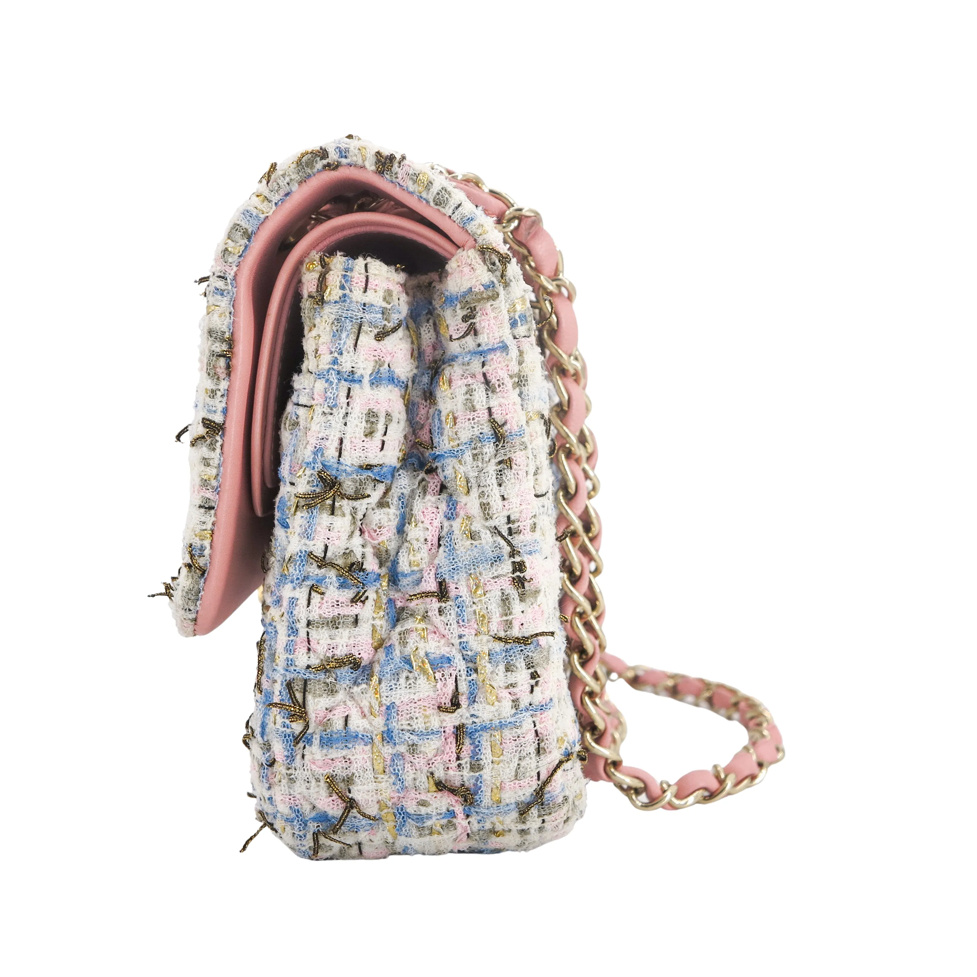19C Pink Blue Tweed Medium Classic Double Flap Bag