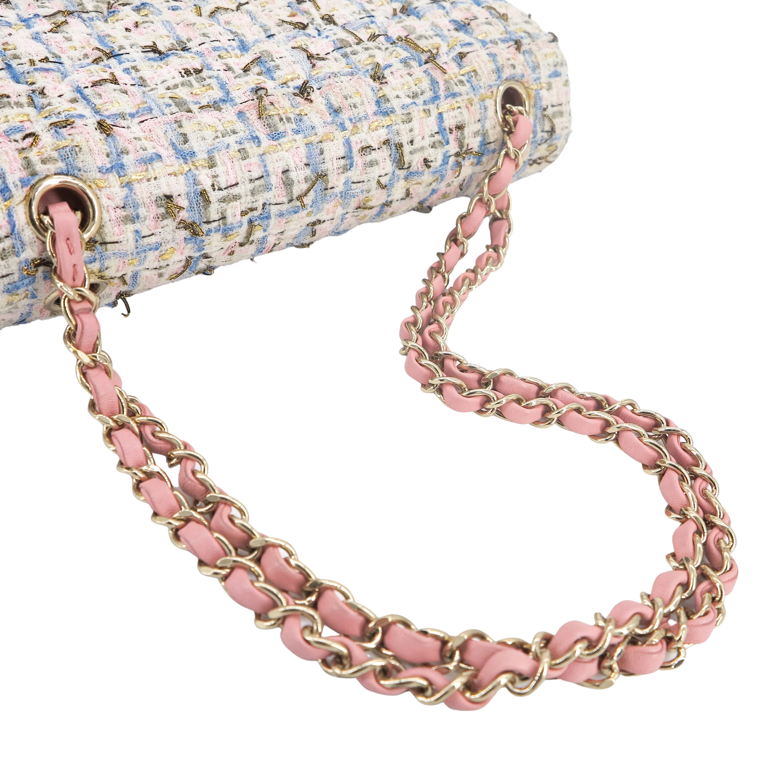 19C Pink Blue Tweed Medium Classic Double Flap Bag