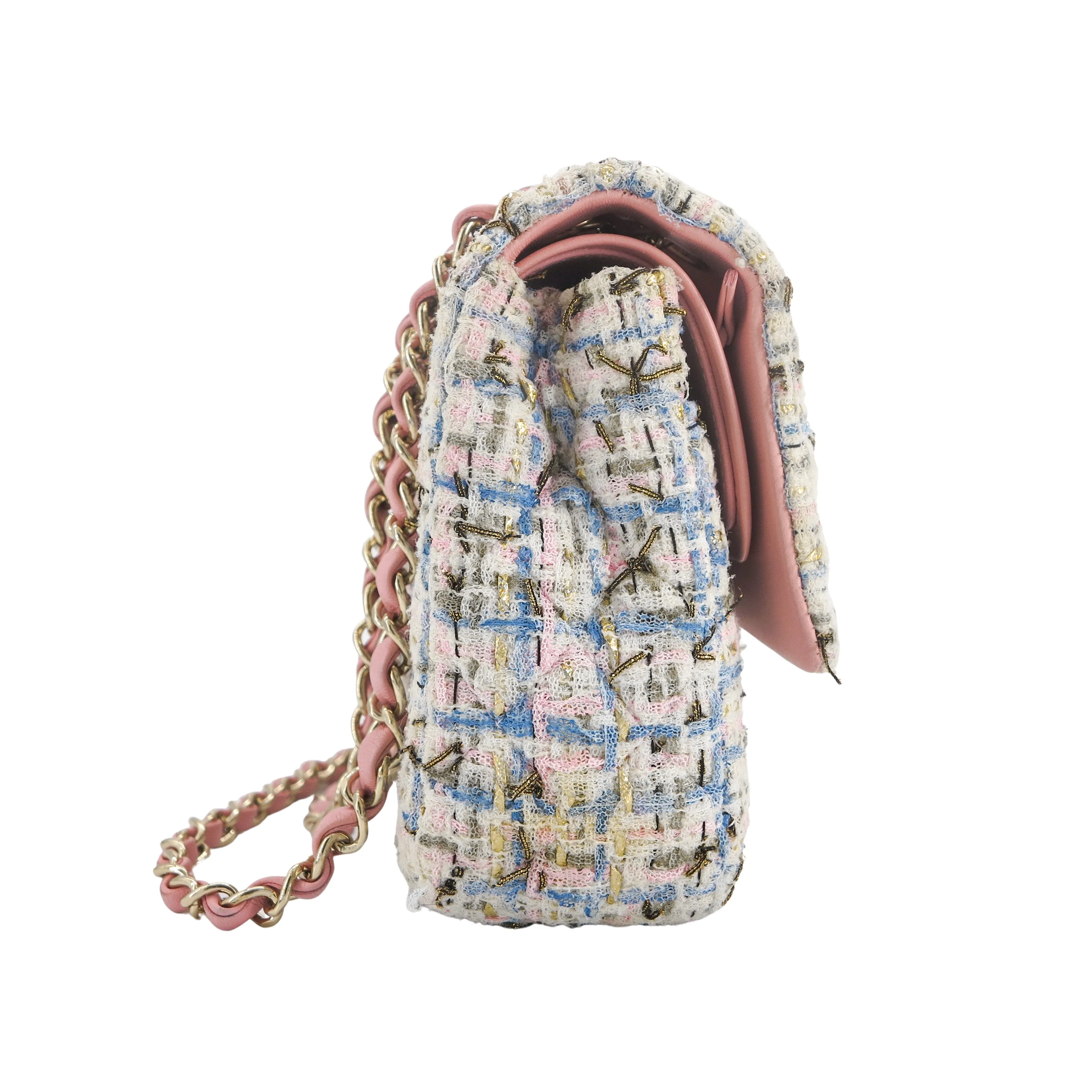 19C Pink Blue Tweed Medium Classic Double Flap Bag