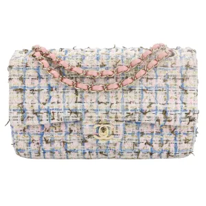 19C Pink Blue Tweed Medium Classic Double Flap Bag