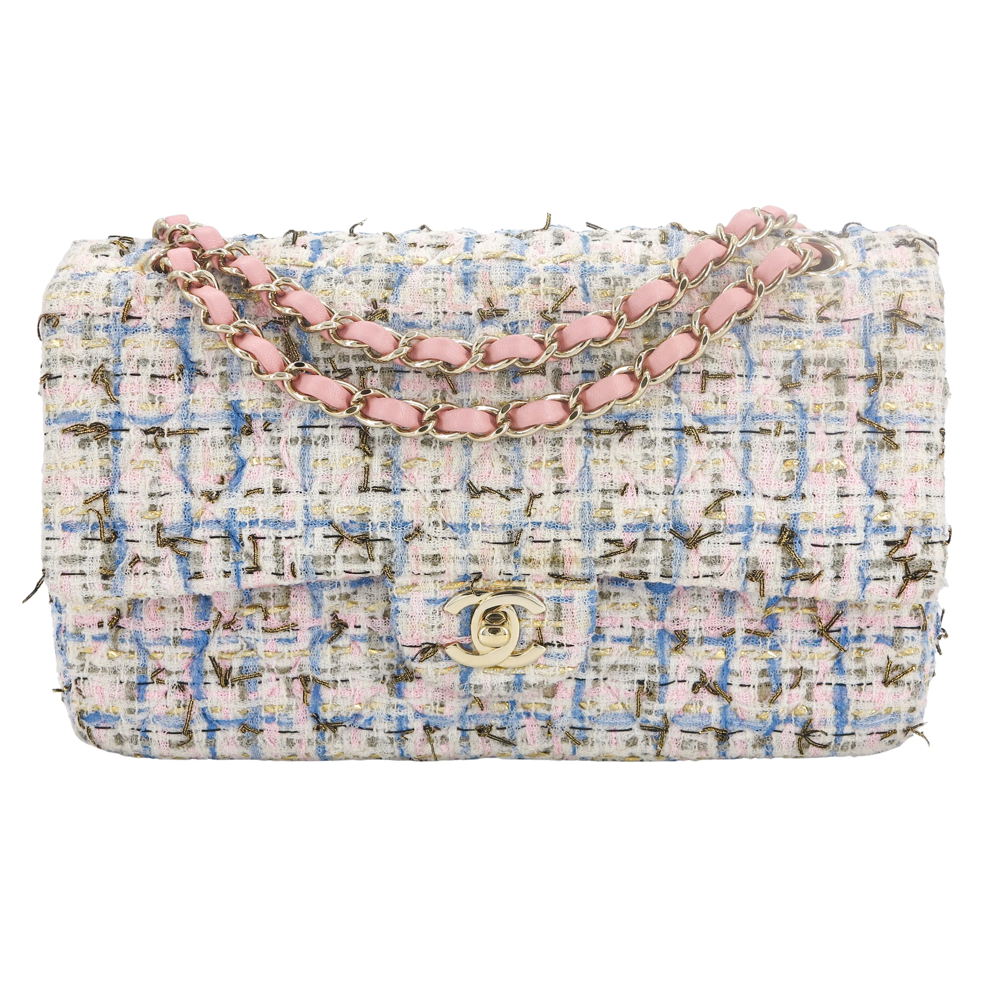 19C Pink Blue Tweed Medium Classic Double Flap Bag