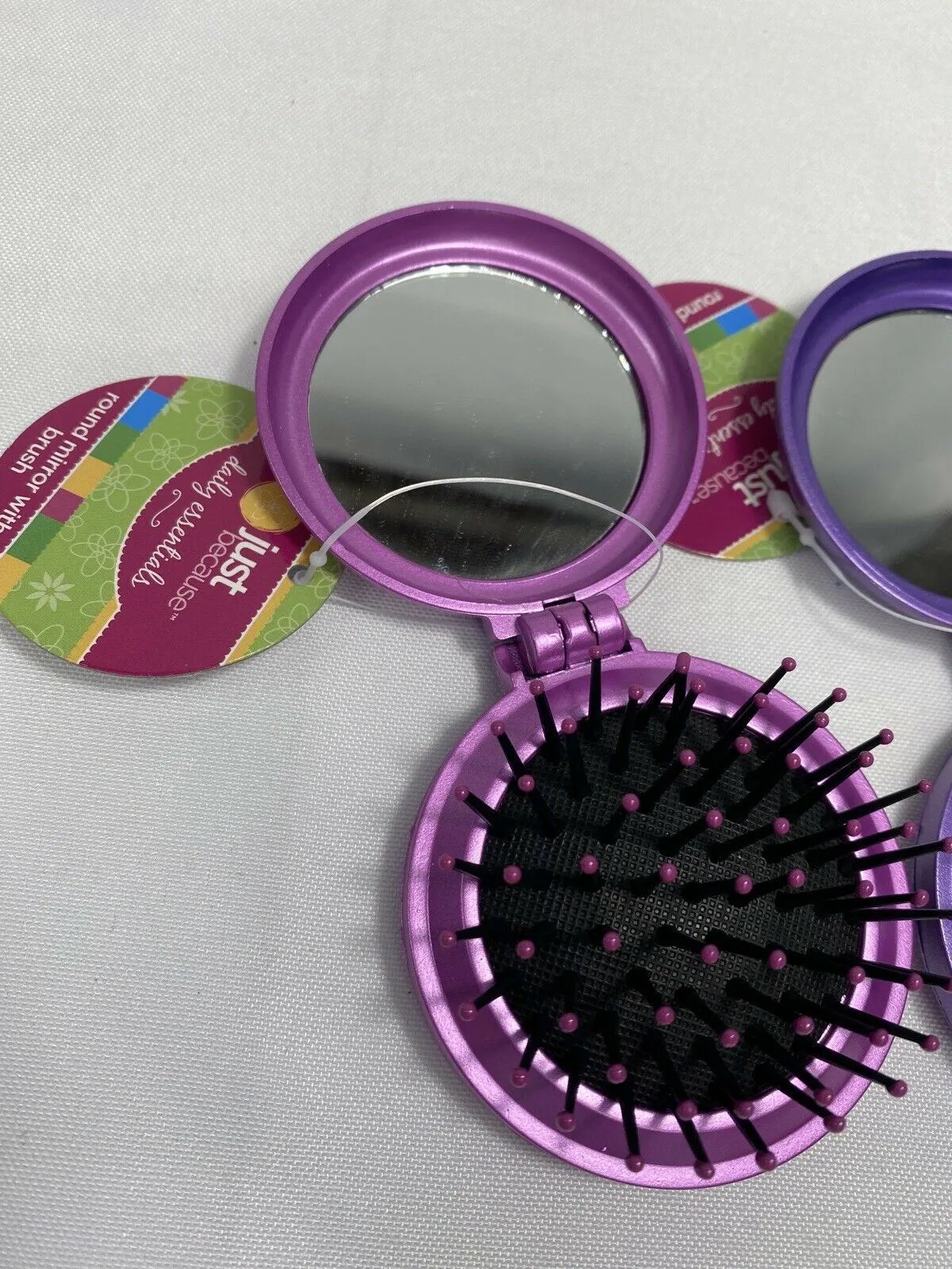 (2) Folding Travel Brush With Mirror Round Pink Purple Hair Pocket Purse On Go