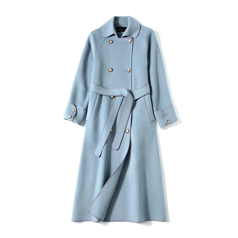 2022 New Women Wool Coats Cashmere Slim Solid Trench Long Coats Belt Winter 4827