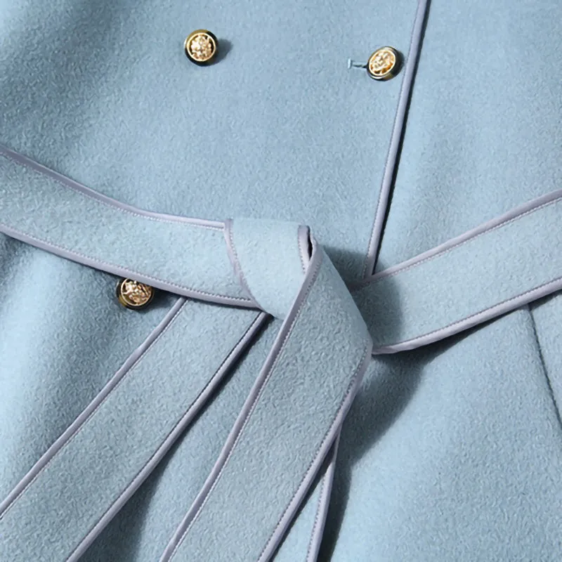 2022 New Women Wool Coats Cashmere Slim Solid Trench Long Coats Belt Winter 4827