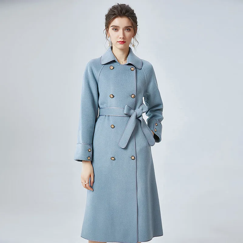 2022 New Women Wool Coats Cashmere Slim Solid Trench Long Coats Belt Winter 4827