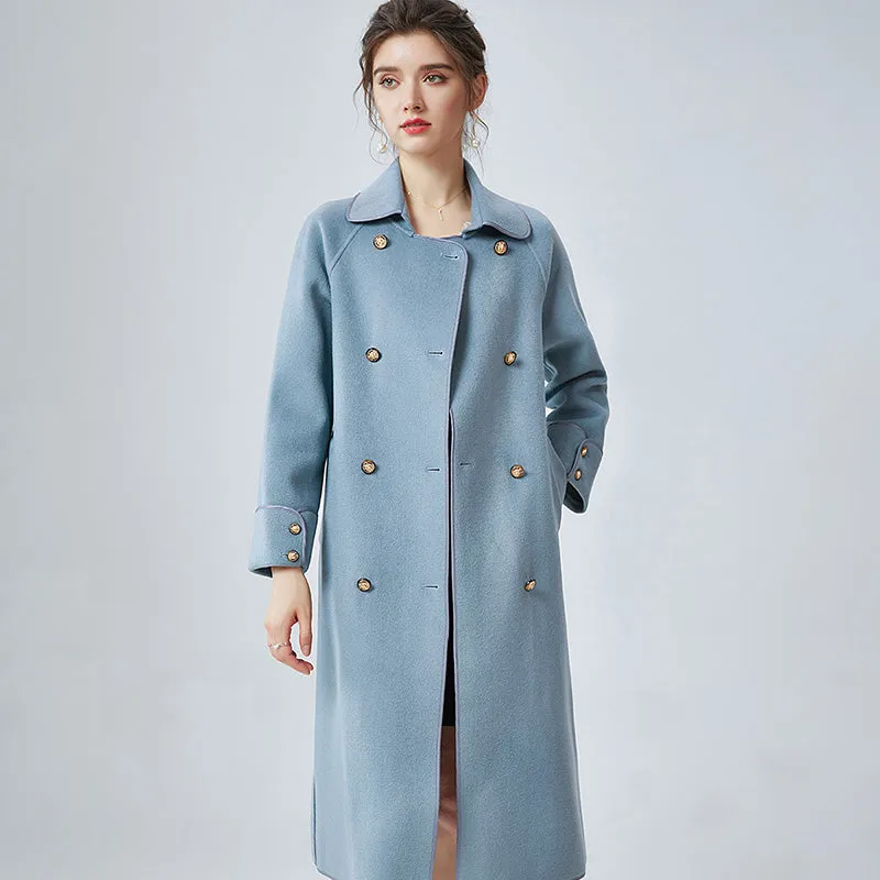 2022 New Women Wool Coats Cashmere Slim Solid Trench Long Coats Belt Winter 4827