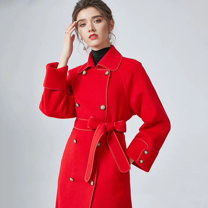 2022 New Women Wool Coats Cashmere Slim Solid Trench Long Coats Belt Winter 4827