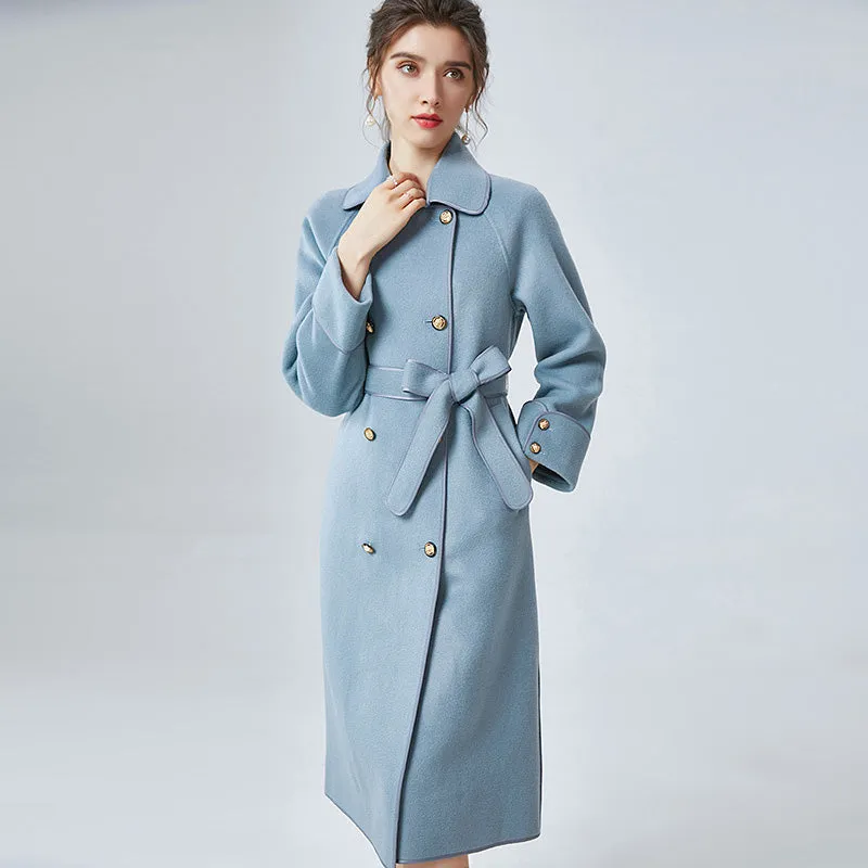2022 New Women Wool Coats Cashmere Slim Solid Trench Long Coats Belt Winter 4827