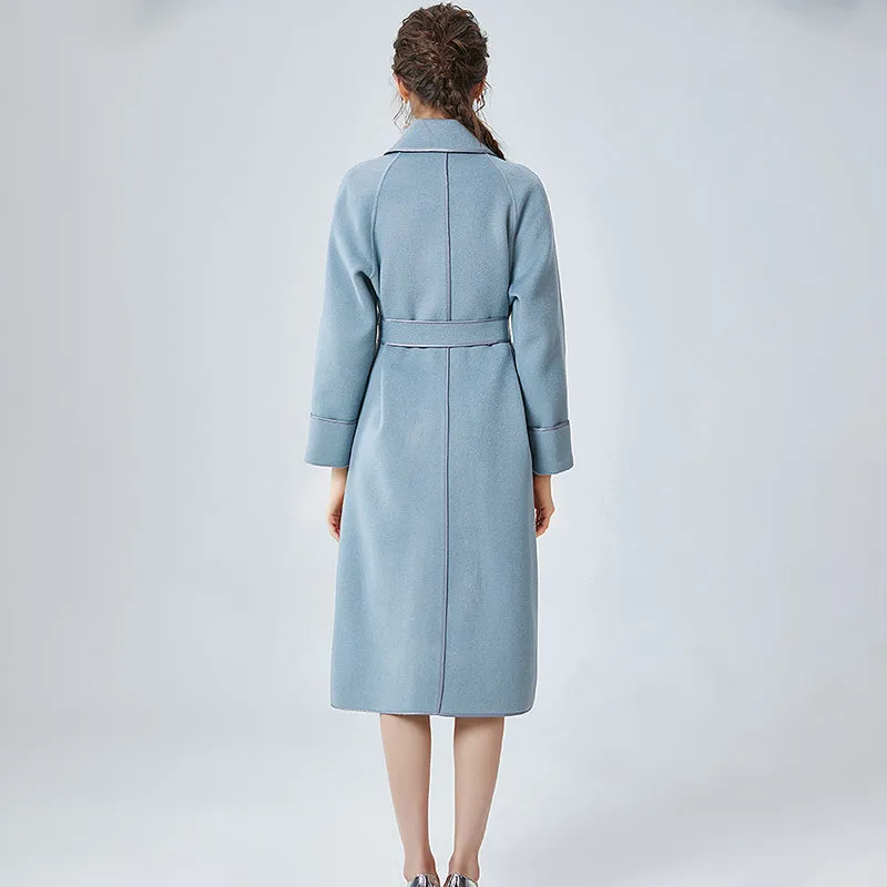 2022 New Women Wool Coats Cashmere Slim Solid Trench Long Coats Belt Winter 4827