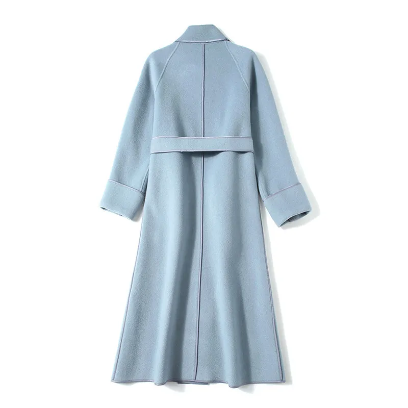 2022 New Women Wool Coats Cashmere Slim Solid Trench Long Coats Belt Winter 4827