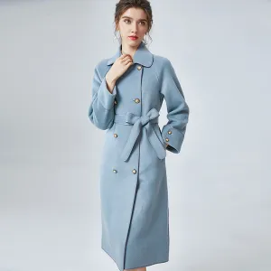 2022 New Women Wool Coats Cashmere Slim Solid Trench Long Coats Belt Winter 4827