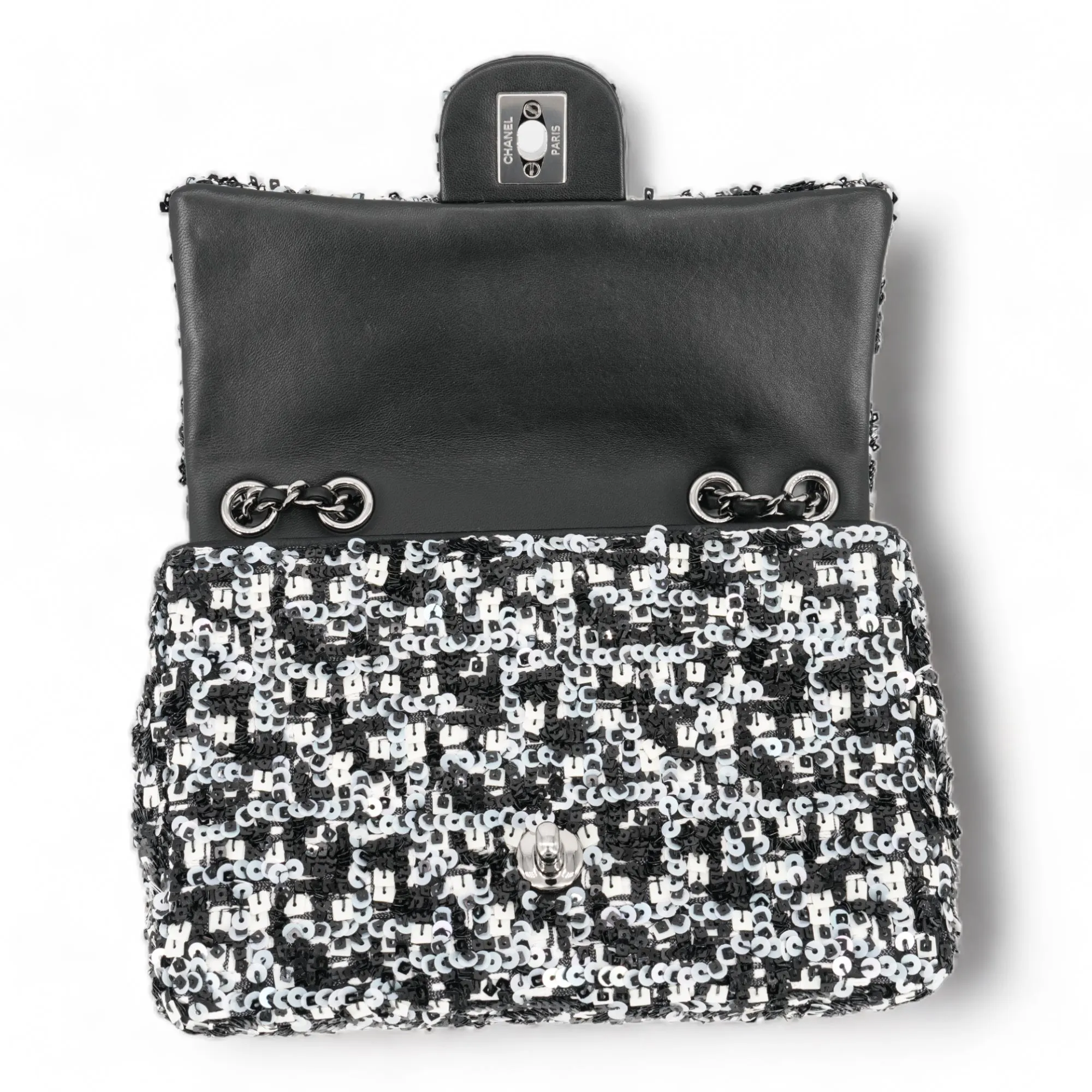 20K Black and White Sequin Mini Flap Bag