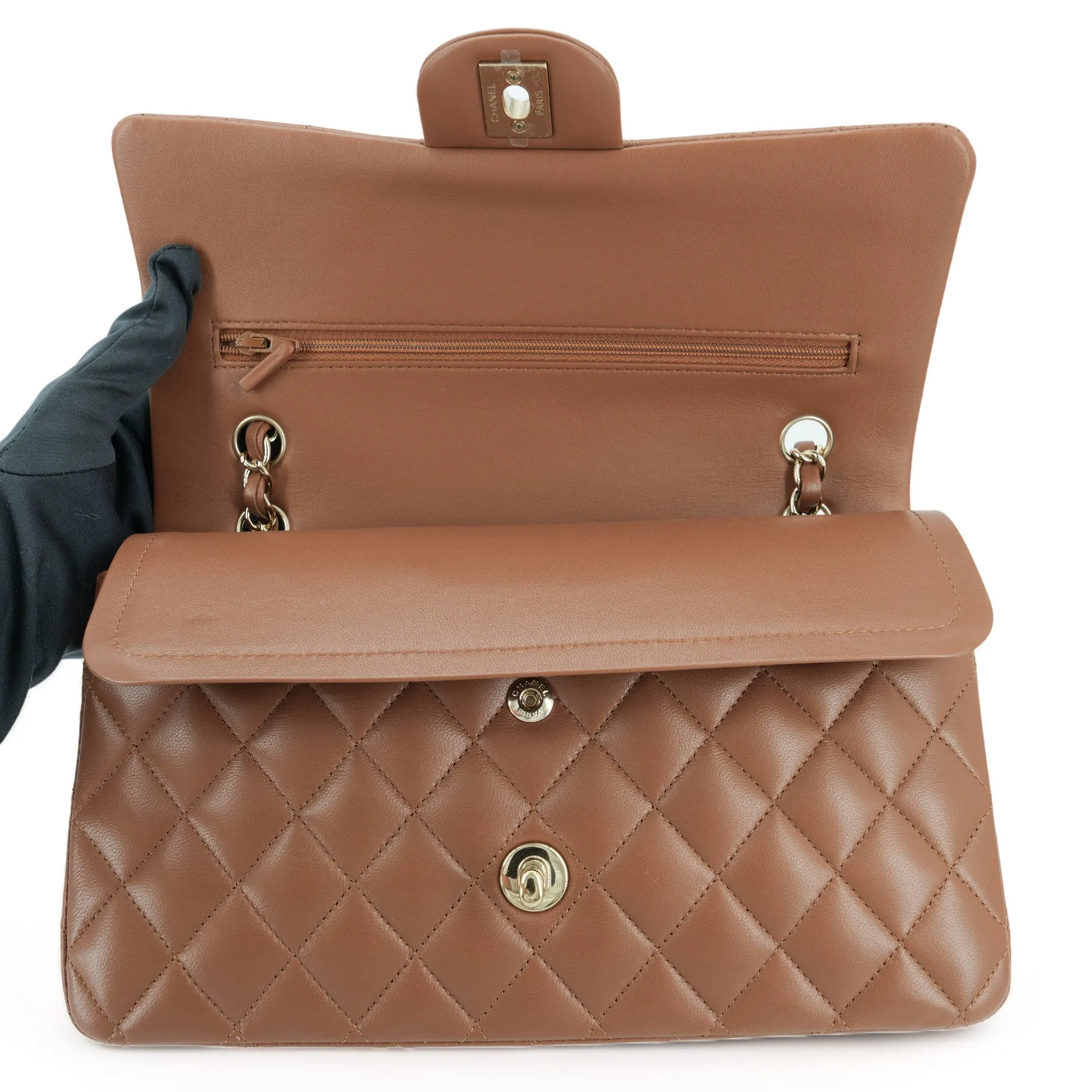 23P Camel Brown Lambskin Medium Classic Double Flap Bag