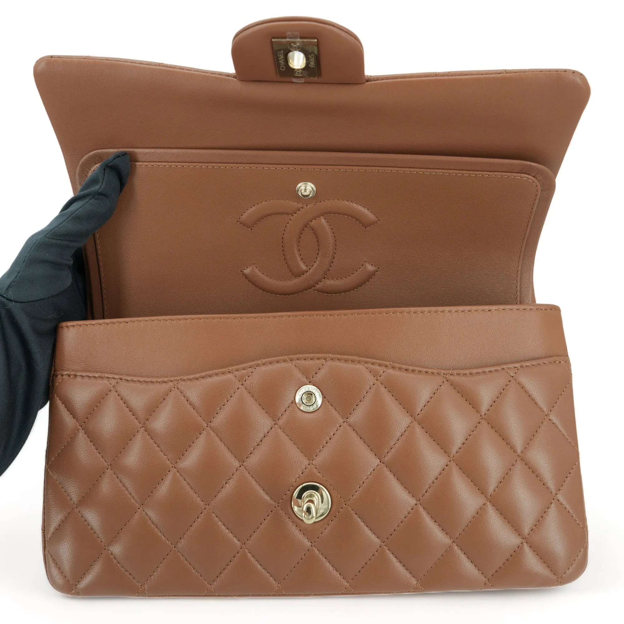 23P Camel Brown Lambskin Medium Classic Double Flap Bag