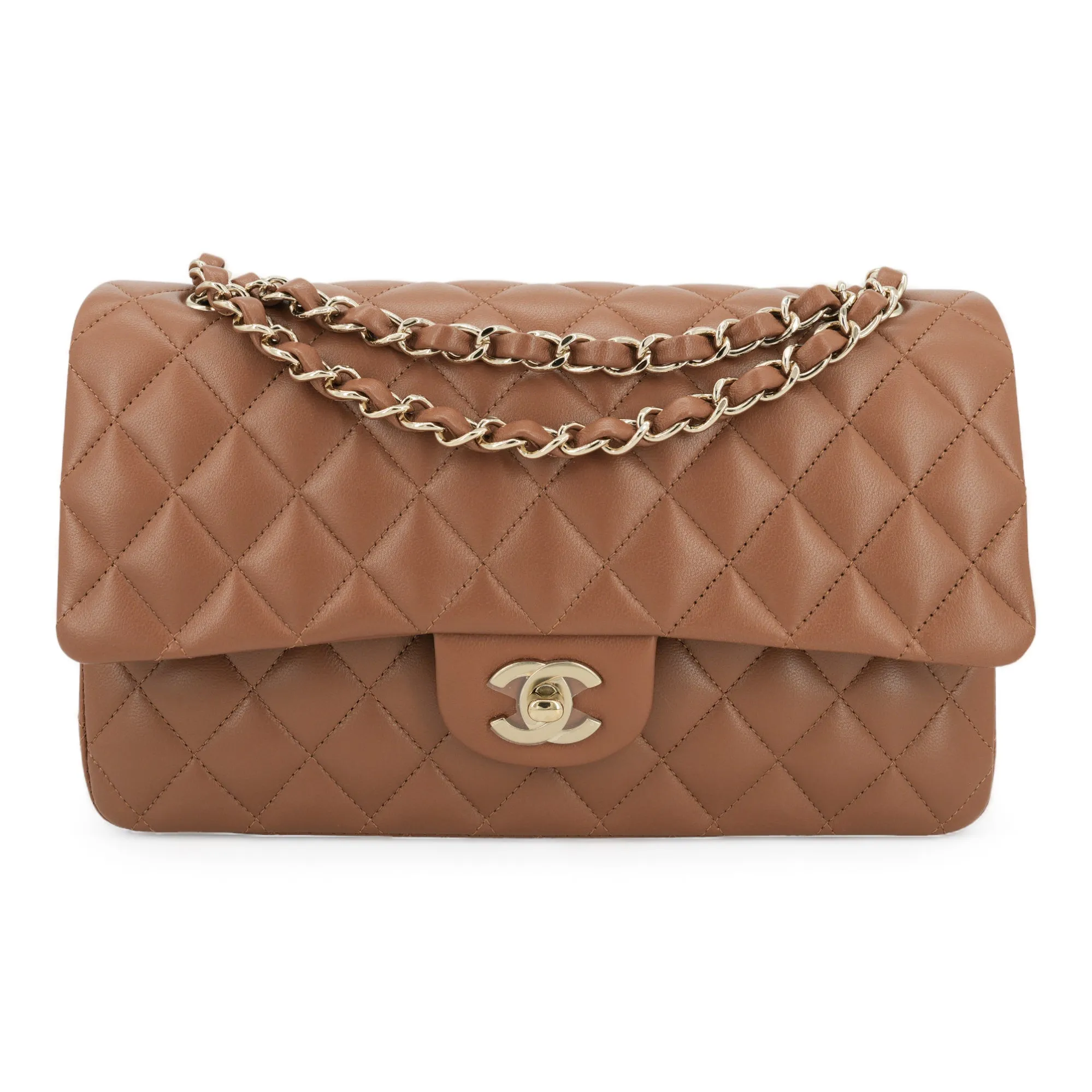23P Camel Brown Lambskin Medium Classic Double Flap Bag
