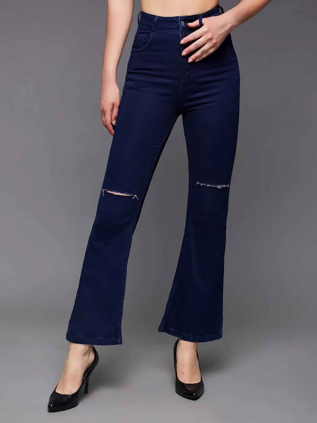 24/7 Comfort Navy-Blue Bell-Bottom Bootcut High-Rise Stretchable Denim Jeans