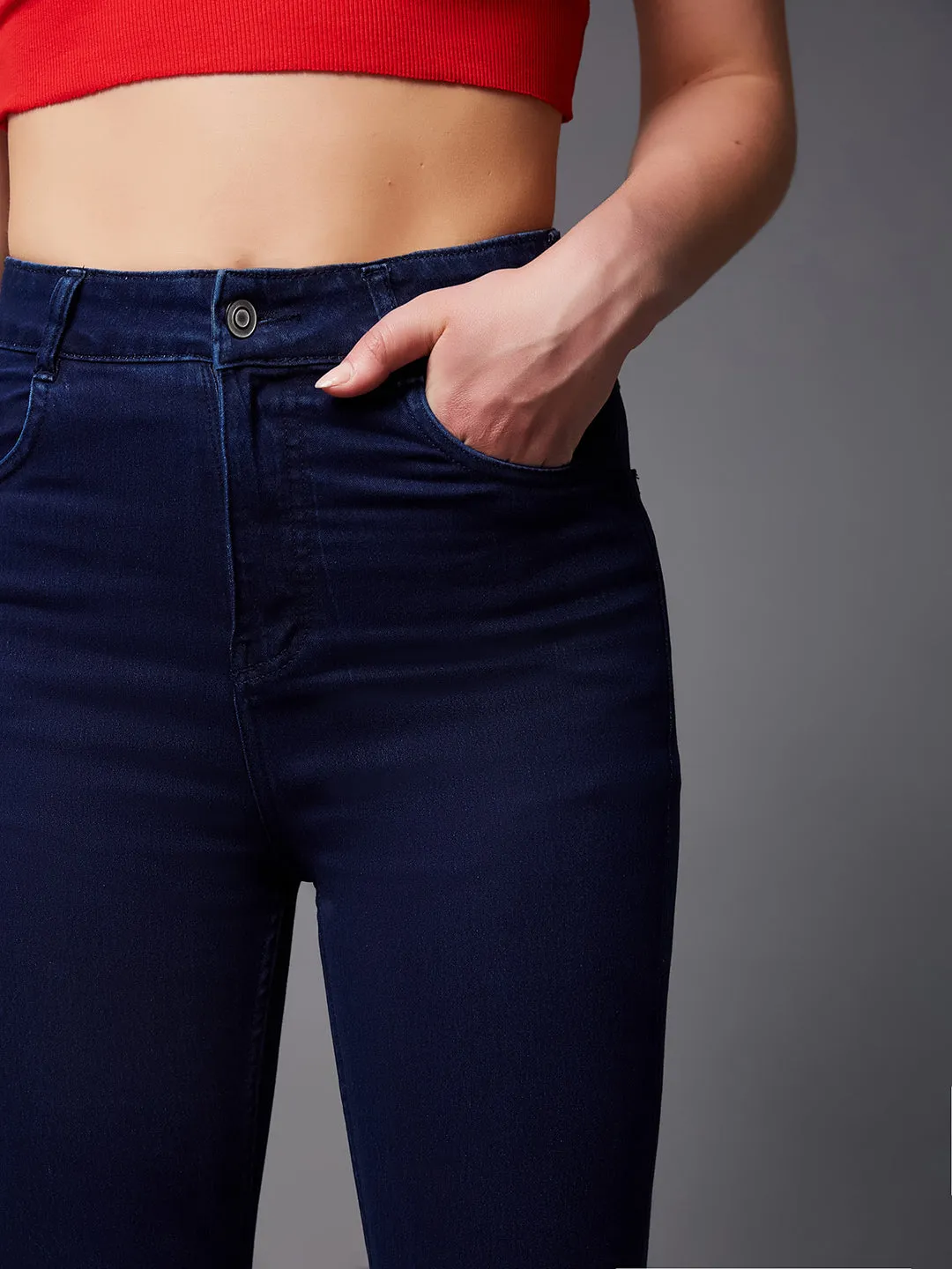 24/7 Comfort Navy-Blue Bell-Bottom Bootcut High-Rise Stretchable Denim Jeans