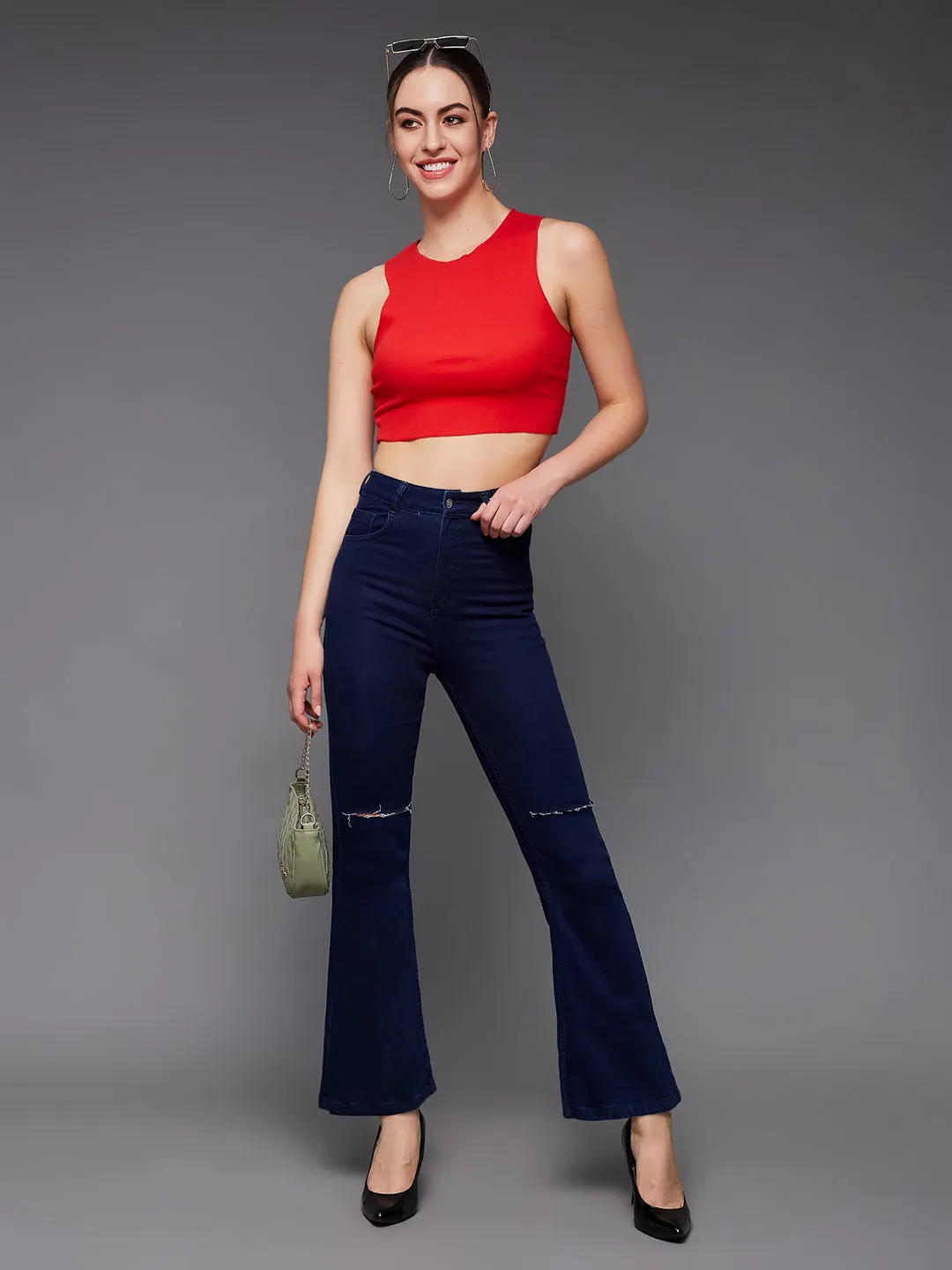 24/7 Comfort Navy-Blue Bell-Bottom Bootcut High-Rise Stretchable Denim Jeans