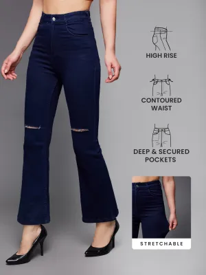 24/7 Comfort Navy-Blue Bell-Bottom Bootcut High-Rise Stretchable Denim Jeans