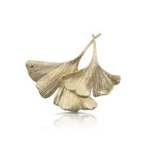 24K Gold-Plated Ginkgo Brooch with Green Sapphire