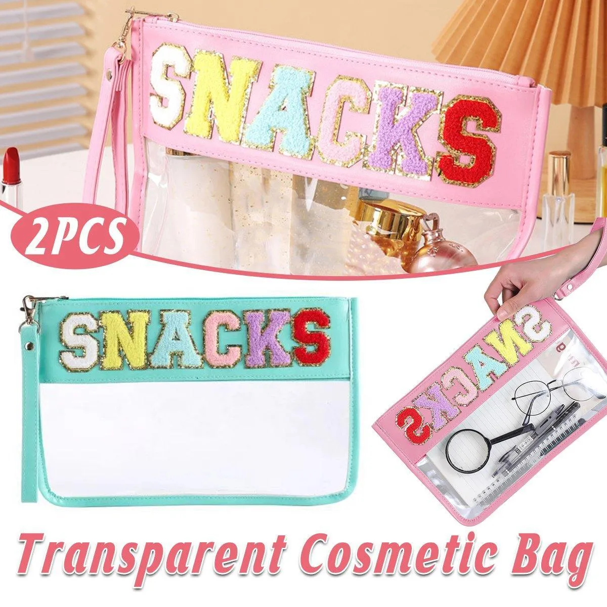 2X Embroidered Letter Cosmetic Bag Transparent PVC Bag Women Travel Toiletry Bag