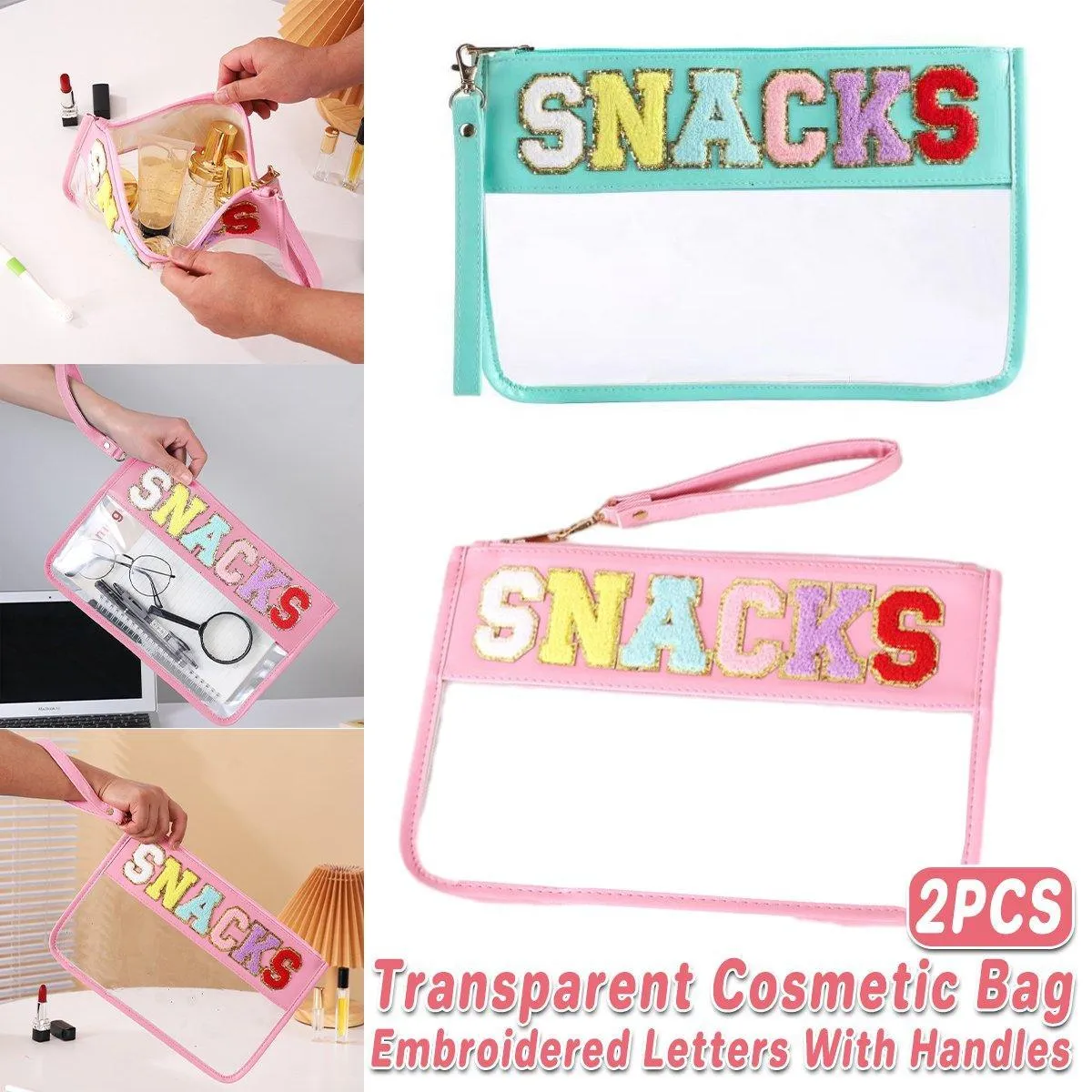 2X Embroidered Letter Cosmetic Bag Transparent PVC Bag Women Travel Toiletry Bag