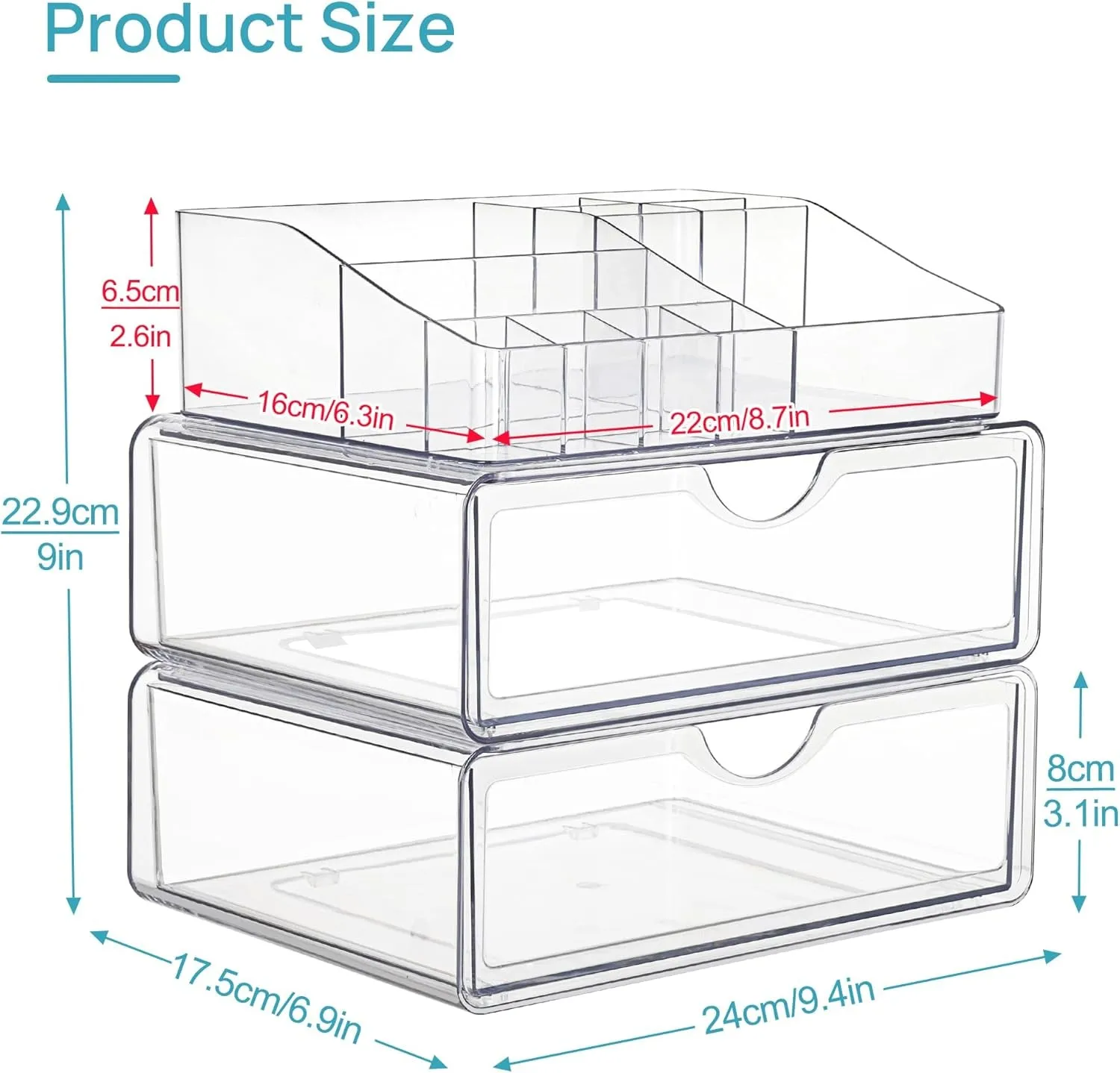 3 Tier Clear Makeup Organizer with Drawer, Cosmetic Storage for Dresser Countertop and Bathroom Vanity, Beauty Holder for Lipstick Brush Skincare